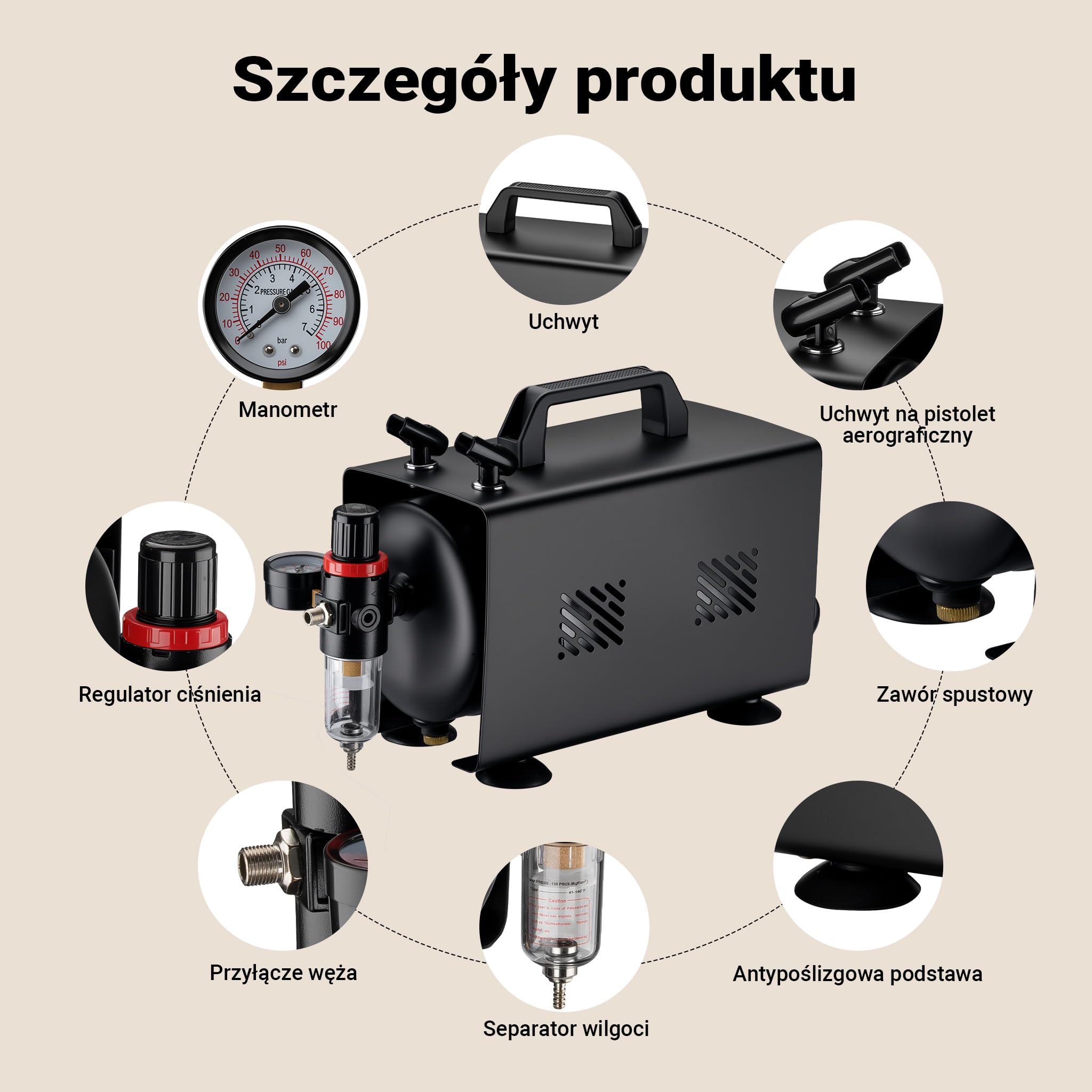 Wiltec Kompresor aerograficzny AS18TB 1/6 KM, sprężarki powietrzne z przepływem powietrza 20-23 l/min, z 1-litrowym zbiornikiem, kompresor powietrza do projektowania aerografem