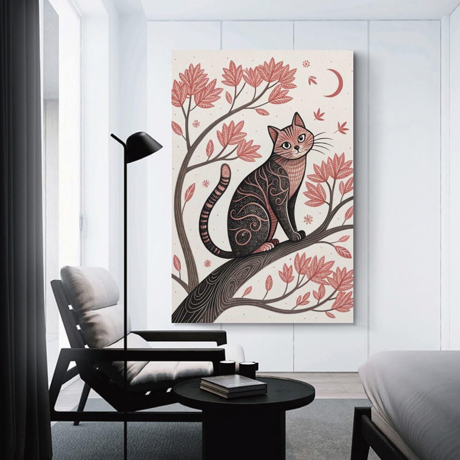 Junmoney Cat on A Branch with Autumn Leaves Room Decor Wall Art, 08x12inch(20x30cm), for Office, Study Or Home Workspace, A Smart Decor Choice for Study Walls