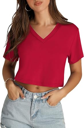 Womens Crop Tops Summer Baisc Tees V Neck T Shirts Casual Short Sleeve Cropped Top 2026