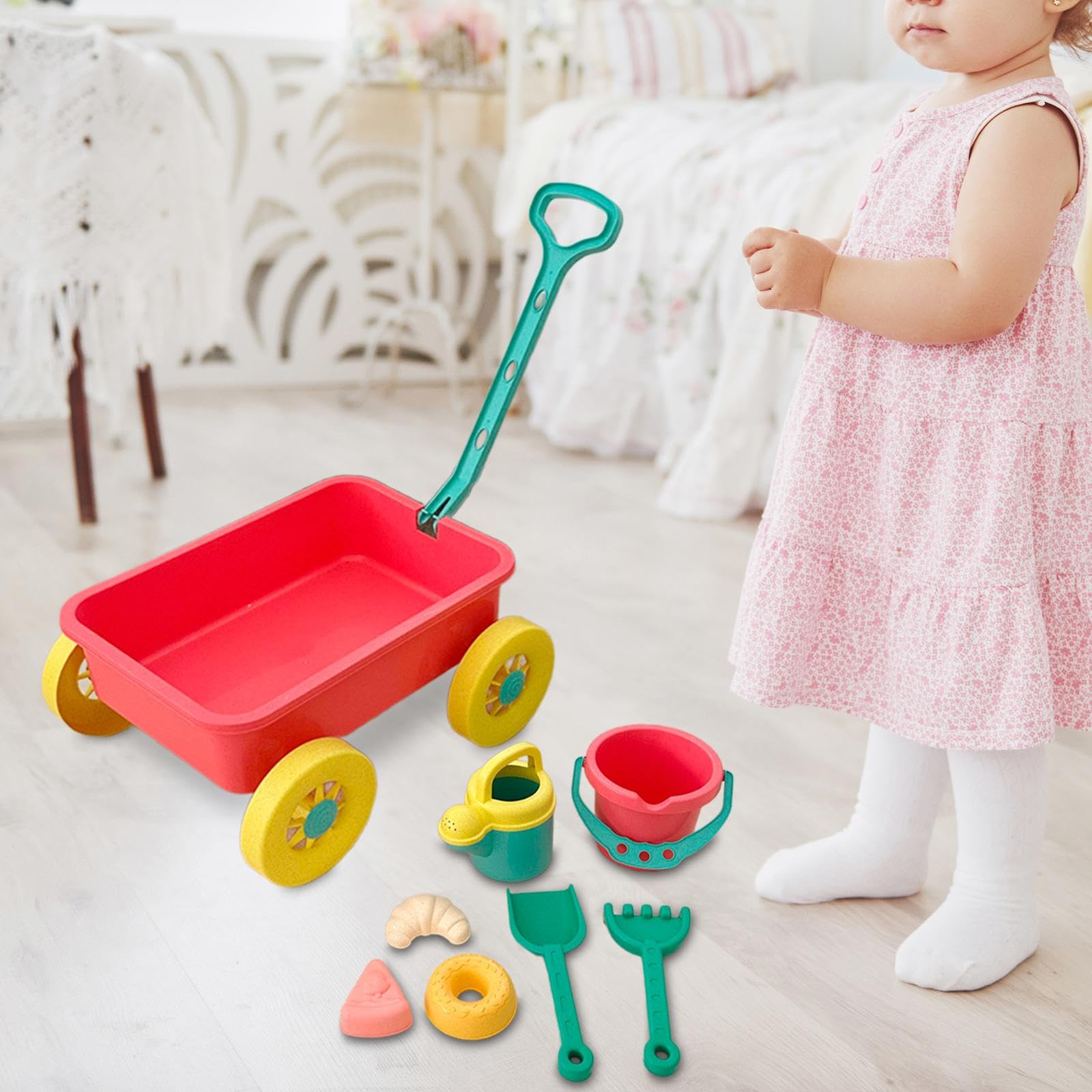 Sharplace Ruota da Sabbia con Secchiello per L'acqua, Carrello per Bambini con Ruote, Giocattolo Educativo, Giocattolo da Spiaggia per Bambini, Piccolo Carr, Rosa