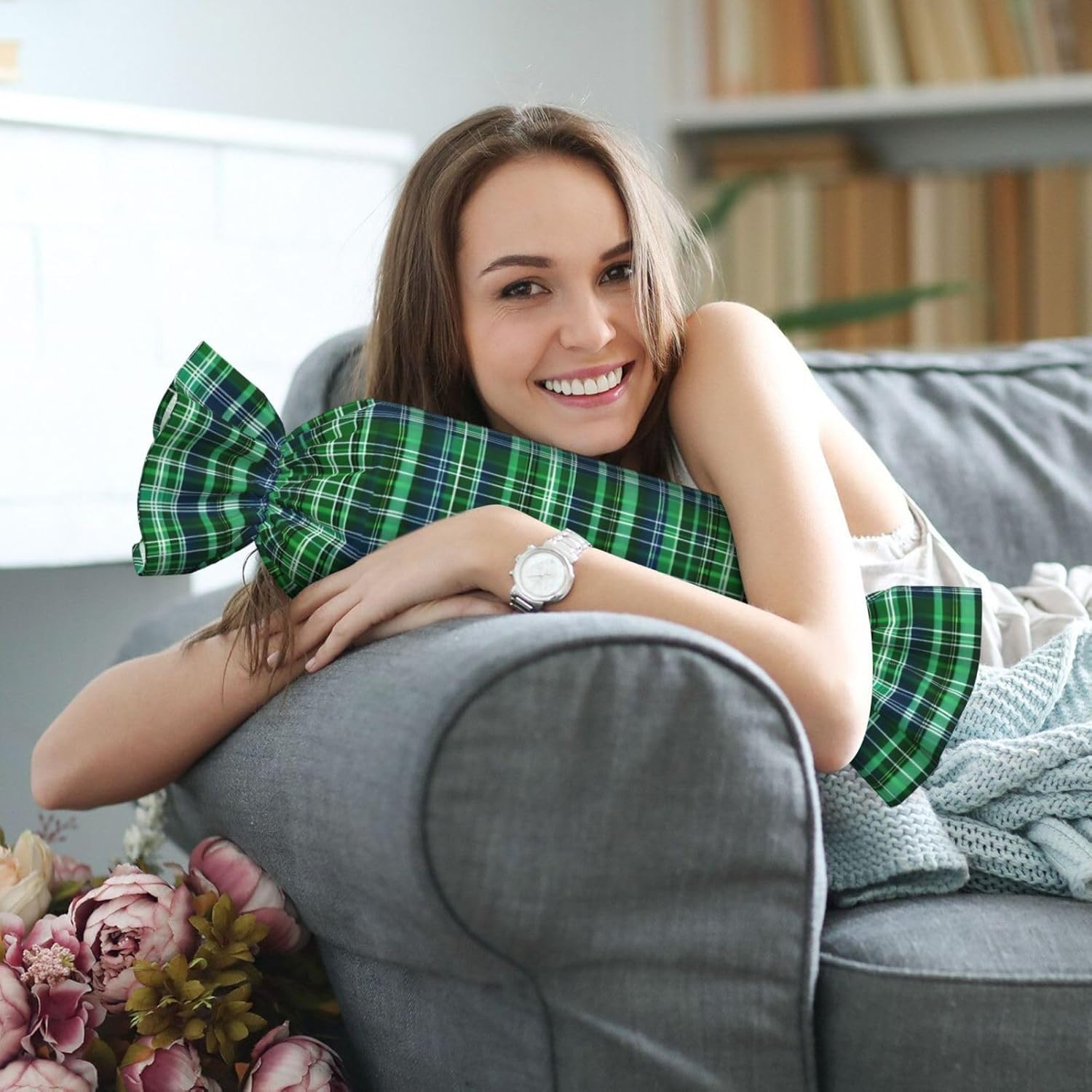 Blue and Green Scottish Tartan Print Candy Cylindrical Eco-Friendly Pillow Soft Velvet Living Room Bedroom Travel Decor