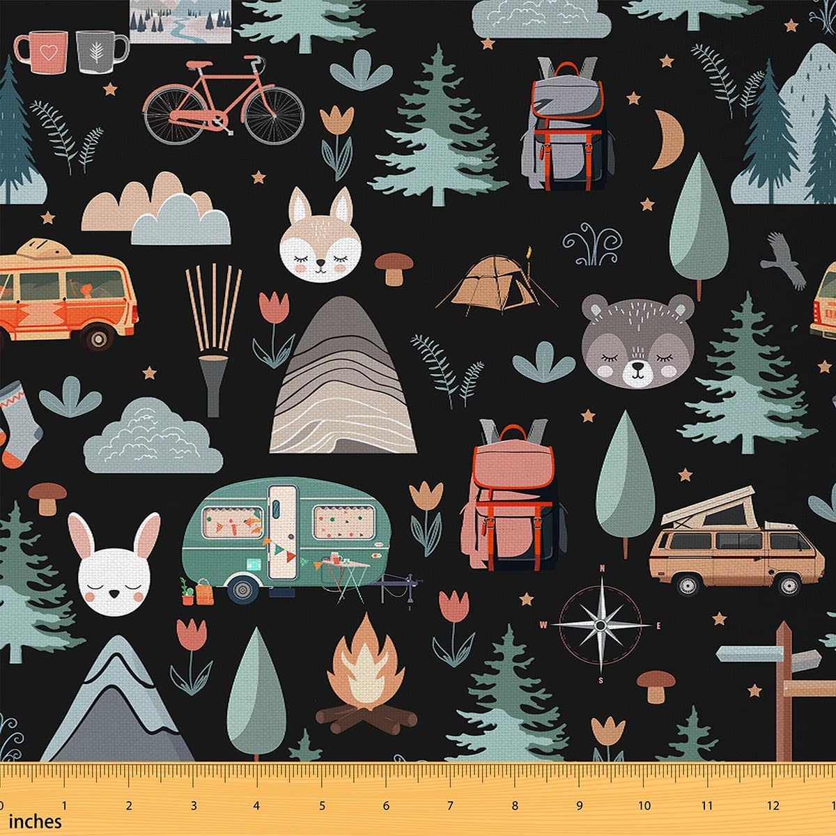 Camper Theme Fabric by The Yard, Happy Camping Upholstery Fabric, Travel Car Rv Accessories Decorative Fabric, Botanical Flowers Mountain Adventure Waterproof Fabric for Quilting, Black, 3 Yards