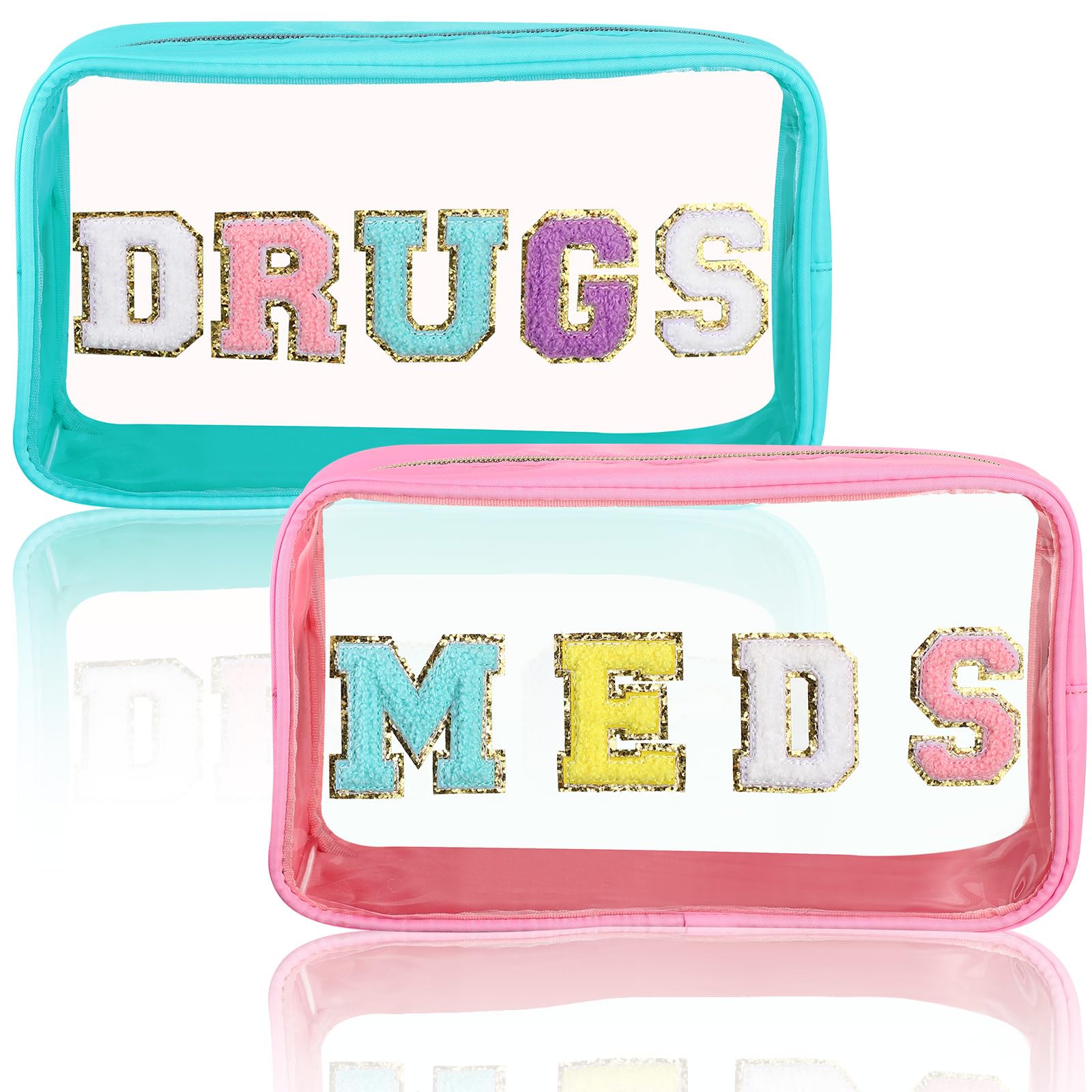 Dandat 2 Pcs Chenille Letter Medicine Bag Clear Preppy Patch Makeup Bag Zipper Waterproof Toiletry Storage PVC Nylon First Aid Bag Cosmetic Pouch for Home Travel Camping (Pink, Green,Classic)