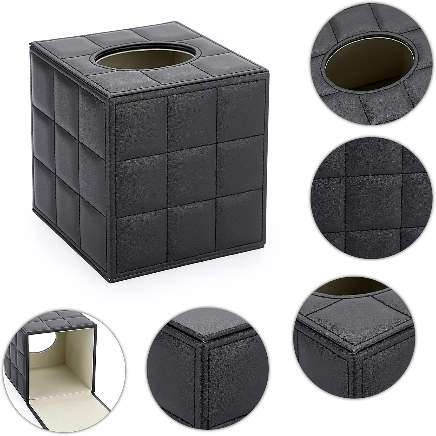Sumnacon Square Leather Tissue Box Cover - Stylish Cube Tissue Box Holder with Magnetic Bottom, Decorative PU Tissue Box for Vanity Dresser Night Stand Table Countertop Home Office Car, Grid Black