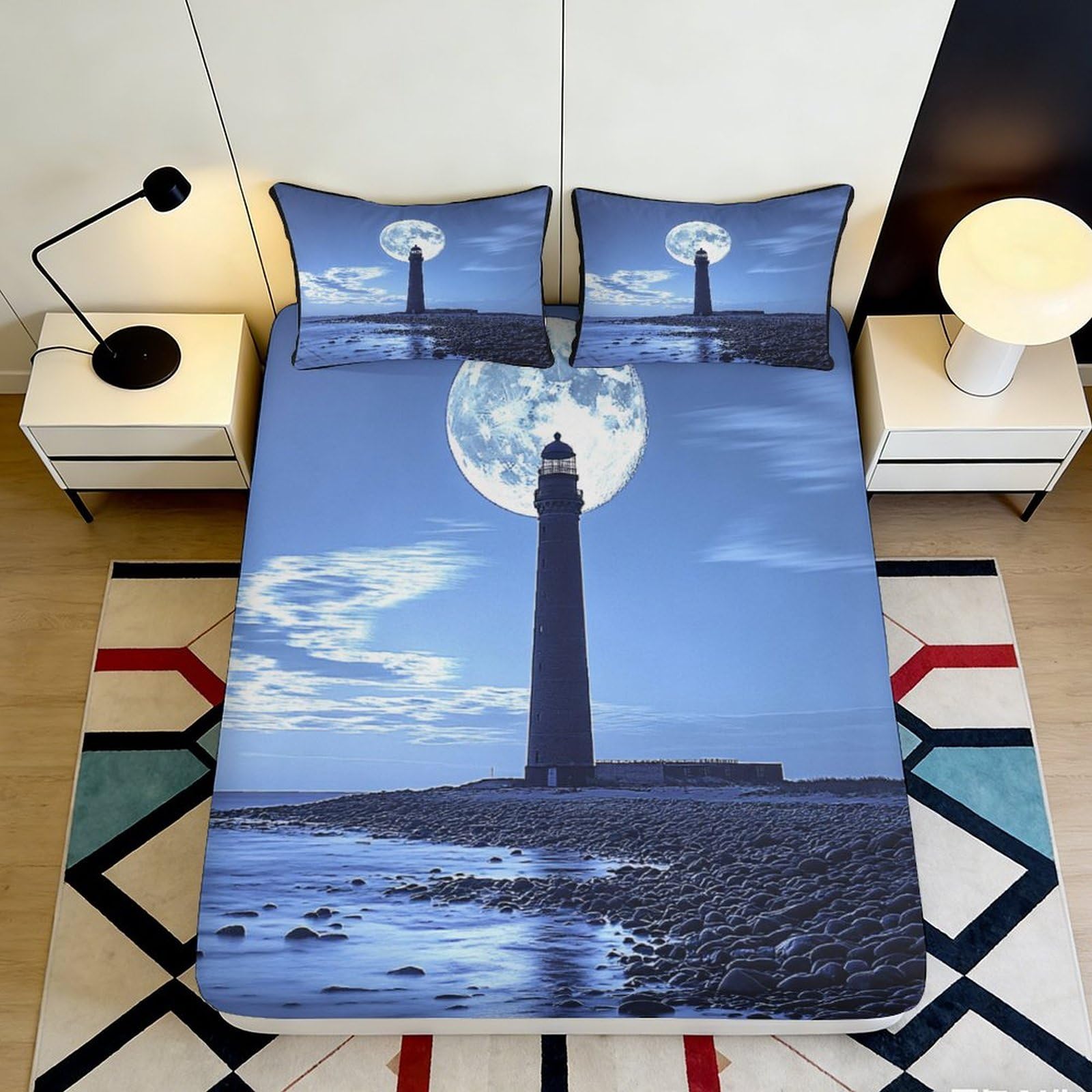 3D Printed Lighthouse Moon Fitted Sheet Microfiber Soft Breathable Full Moon Bed Cover for Bedroom Dormitory Guest Room Mattress Protection 180x200x25cm