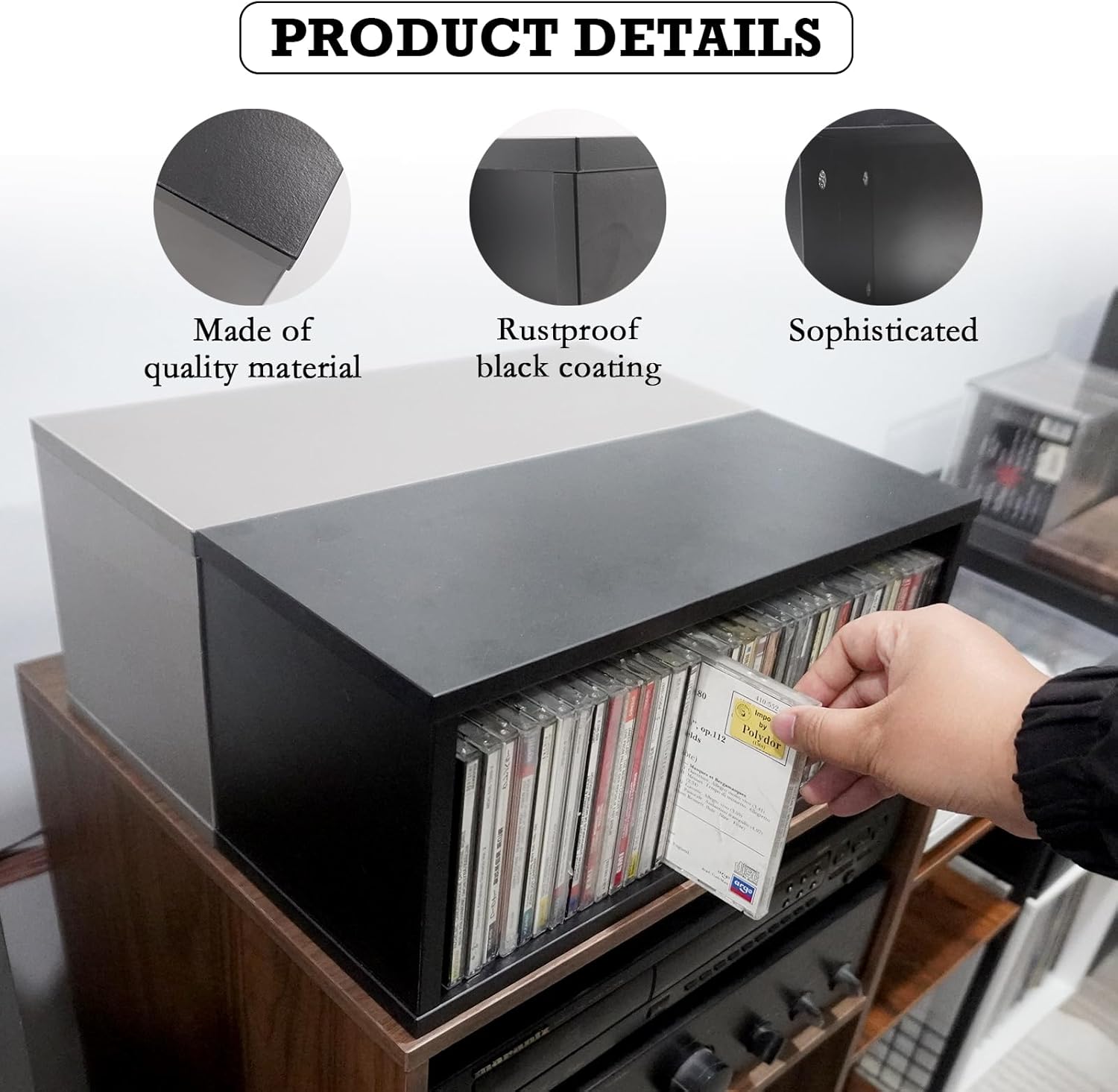 Black Cd Storage Box, 15.67 x 6.77 x 6.38 Inch Cd Rack, Stackable Cd Organizer, Holds Up To 35 CDs for Living Room, Bedroom, Office (Black)
