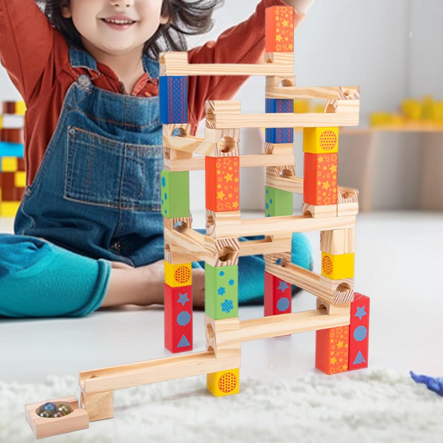 Wooden Track Marble Toy, Educational Building Blocks Castle Track Marble Run, Home Decor, 52PCS