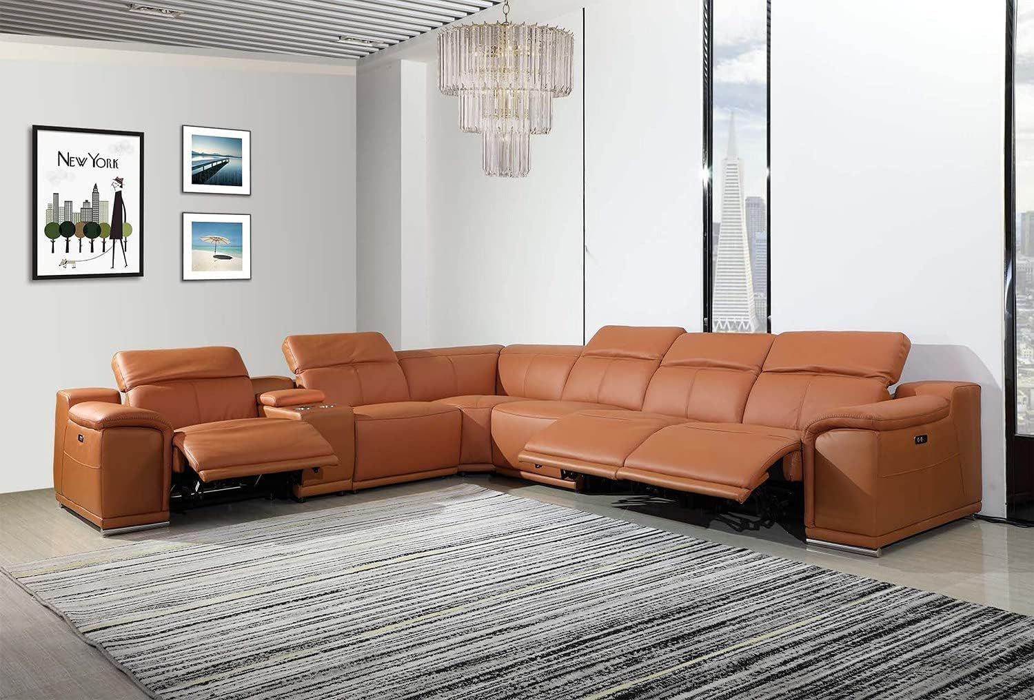 BlackJack Furniture Venice 7 Piece Top Grain Italian Leather Sectional Sofa with 3-Power Recliners, Adjustable Headrest, Lumbar Support, USB &amp; Wireless Charger, Large Storage, 1 Console, Camel
