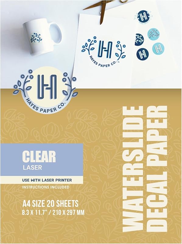 Hayes Paper Co. Papel adhesivo transparente con tobogán de agua, 20 hojas A4, no requiere sellado por pulverización, para impresoras de tóner de color HP Brother Canon Xerox, tazas de cerámica, velas de metal de madera selladas con vidrio