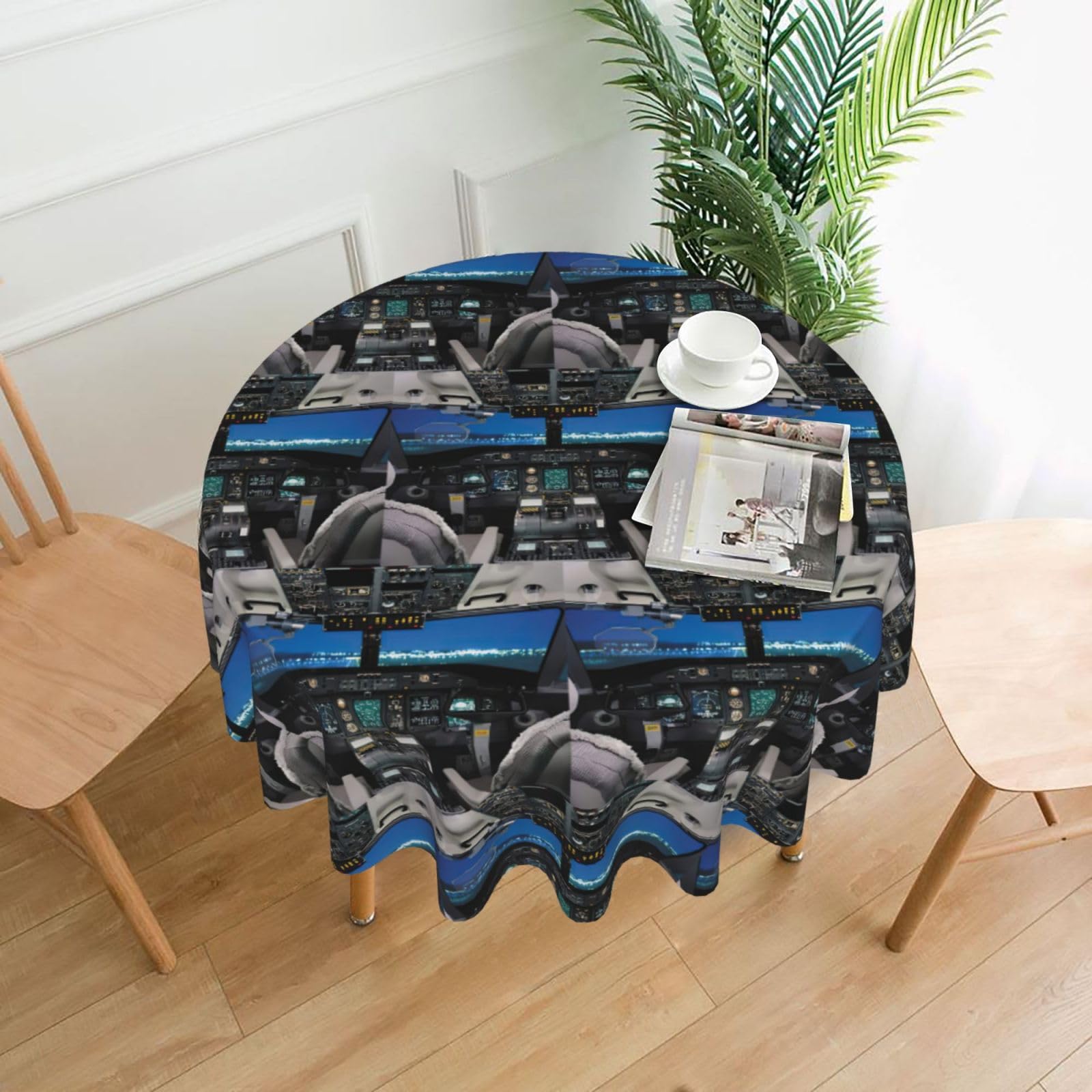 Zcmkjlg Airplane Cockpit Print Quick Ship Round Tablecloth 60in Polyester Washable Cover for Dining Room