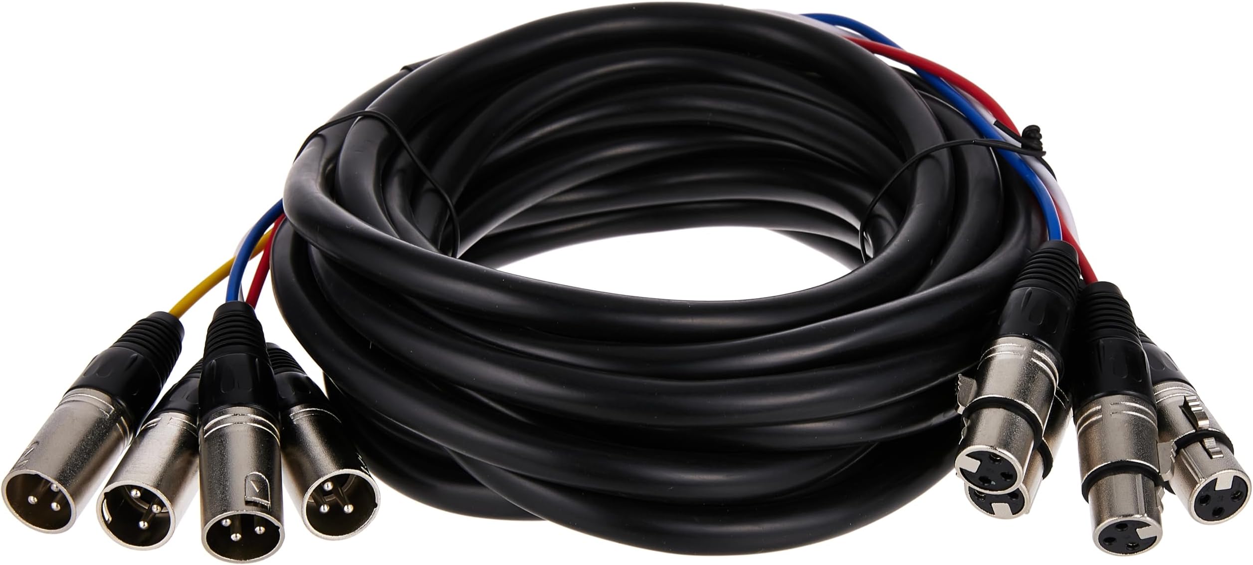 4-Channel XLR Male to XLR Female Snake Cable - 609.6 cm - Black/Silver, Metal Connector Housings, Plastic and Rubber Cable Boots