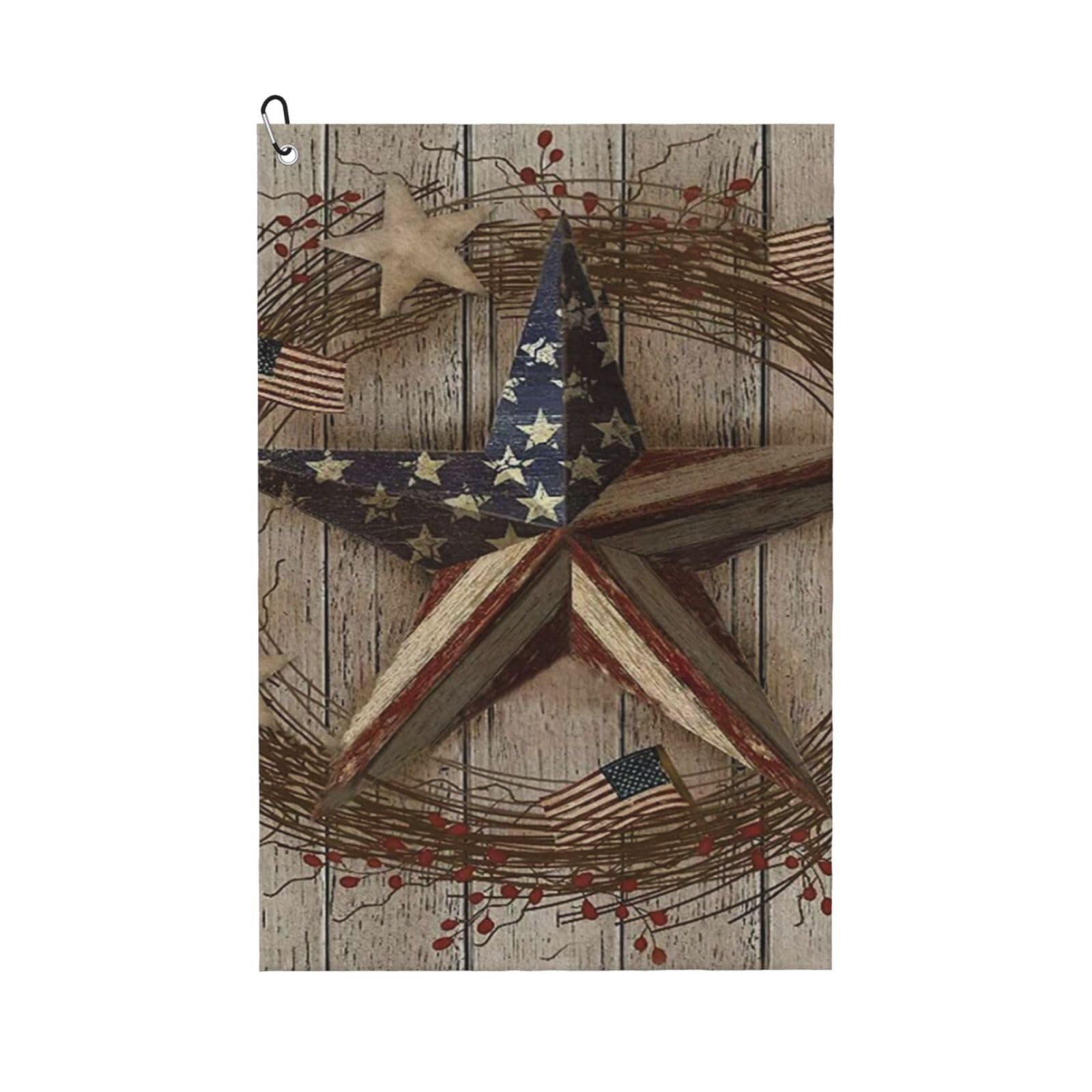 Oudrspo Barn Star On Country Wooden Board Americana Microfiber Golf Towel with Carabiner Clip, 16x24 Inch Absorbent Waffle Weave Towel for Golf Bags