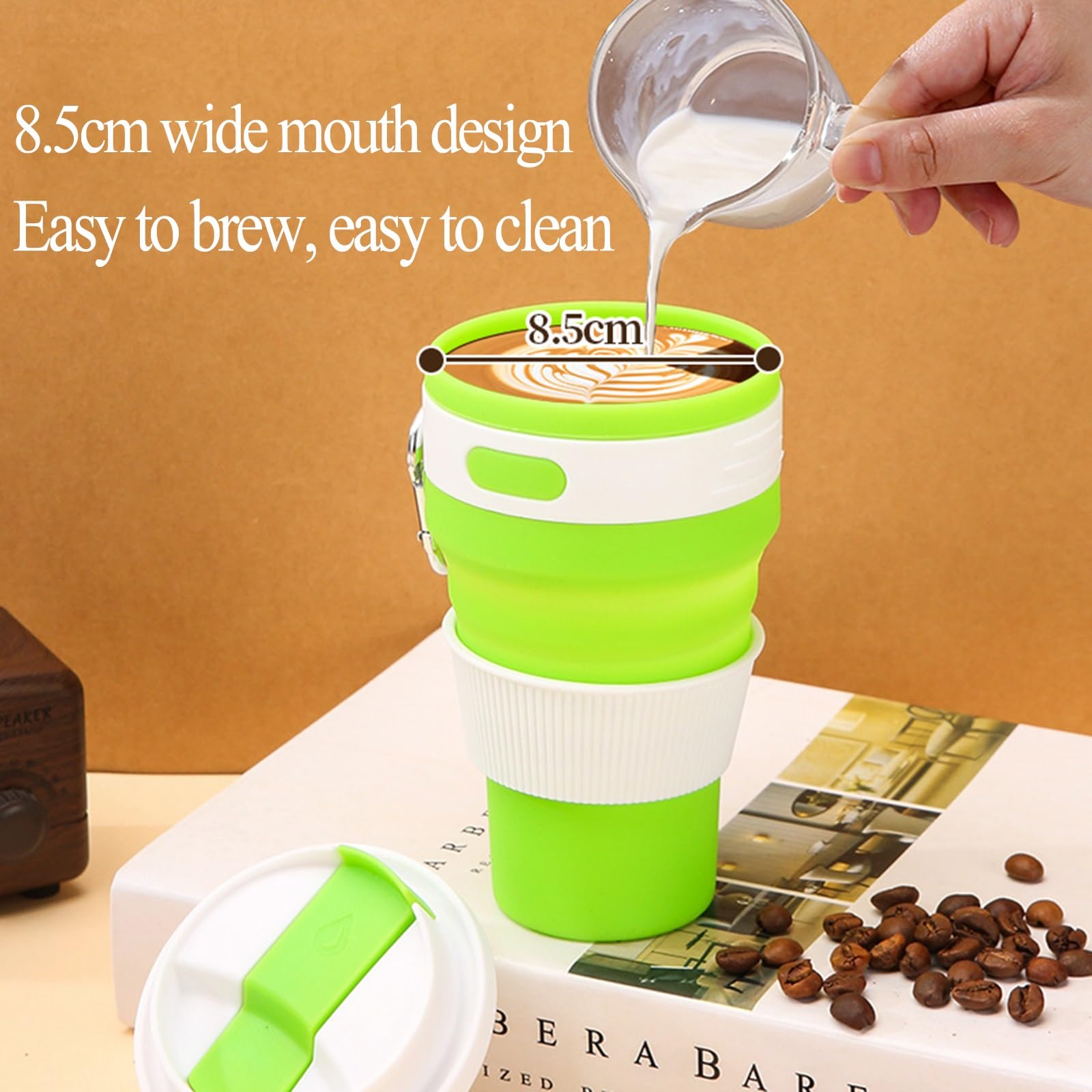 gobelet pliable, Silicone portable, étanche, réutilisable, comprend un mousqueton, idéal for le café, thé, la randonnée, camping et les activités de plein air(Green,L)