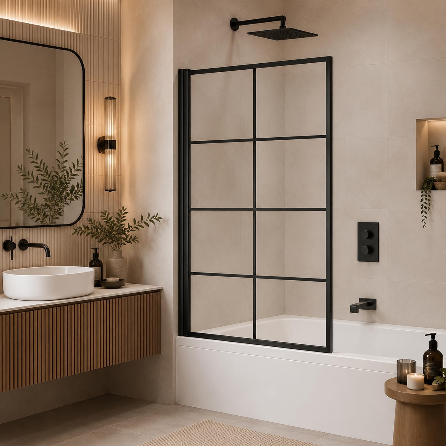 Built Right Matt Black Square Bath Screen with 6mm Toughened Safety Glass, Bath Shower Screen, Adjustable 775-790mm Wall Profile, for Straight Baths