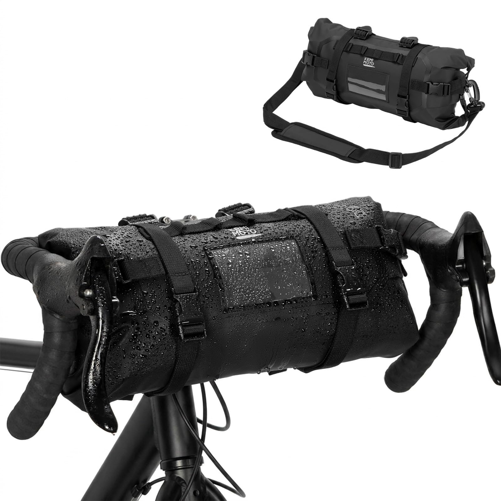 KEMIMOTO Sacoche Guidon Vélo 10L, Sacoche Avant Vélo Imperméable en PVC 300D avec Sangles Antidérapantes pour VTT, Velo de Route, Gravel et Velo Électrique