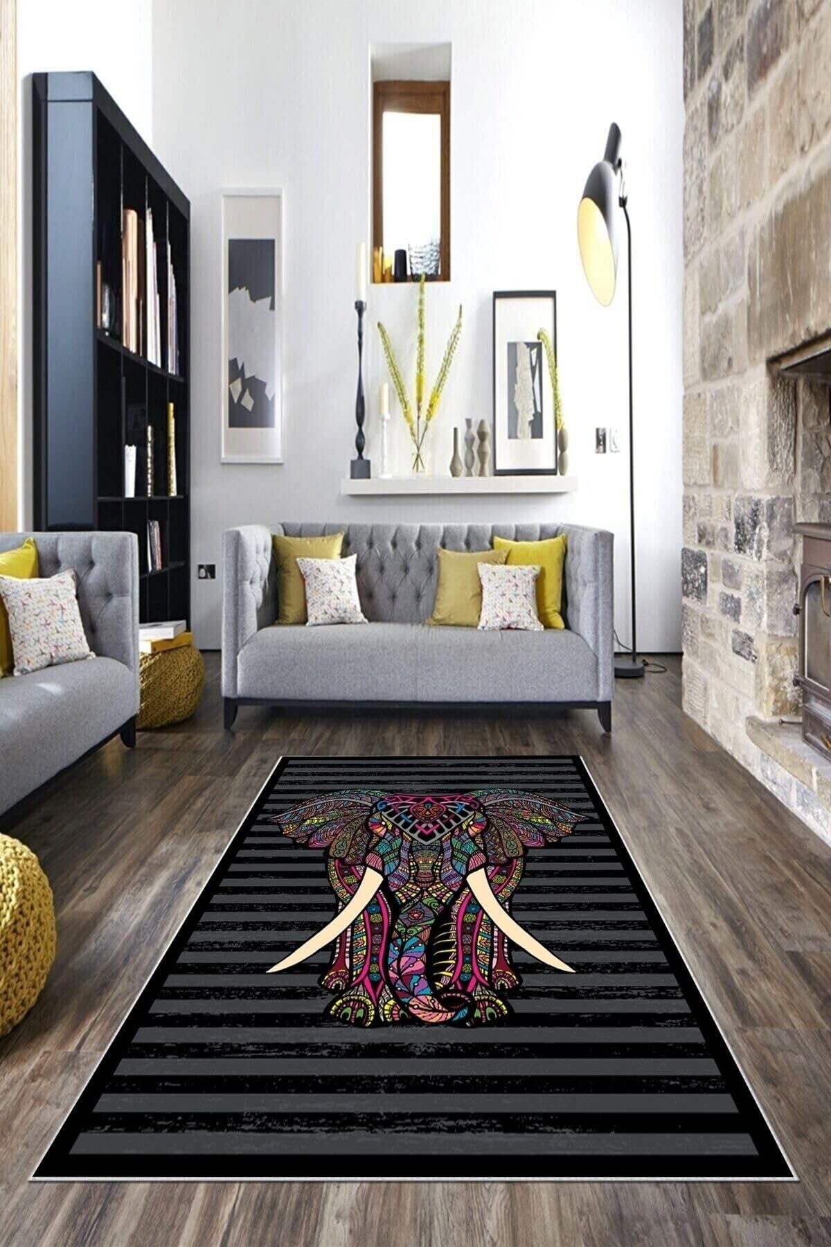Pelangi Siyah Gri Çizgili Fil Desenli Yıkanabilir Kaymaz Taban Leke Tutmaz Modern Salon Halısı Ve Yolluk, Siyah 130 x 180, 135830713018005