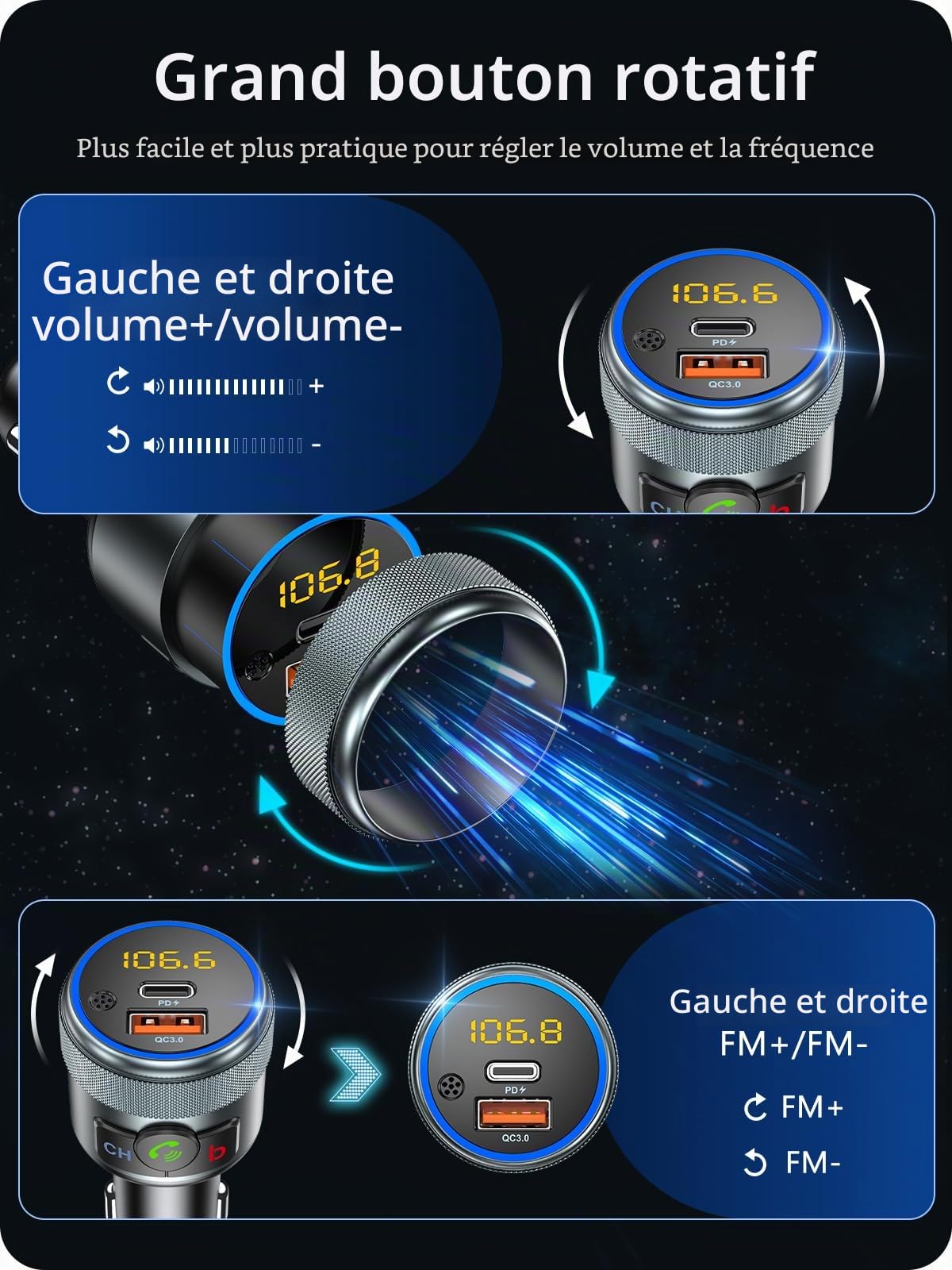 LENCENT Transmetteur FM Bluetooth 5,1, Allume Cigare Bluetooth Voiture, Son Hi-FI à Basses Profondes, Chargeur Rapide de Voiture avec PD 20W et QC3,0 18W, Compatible avec Les appels Mains Libres.