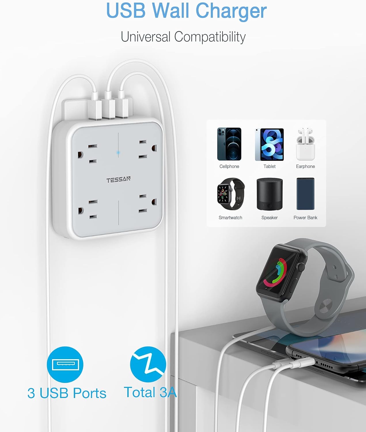 Multi Plug Outlet Extender with USB, TESSAN Surge Protector Outlet Splitter with 3 USB Wall Charger, Multiple Plug Expander for Travel, Home, Office - - 