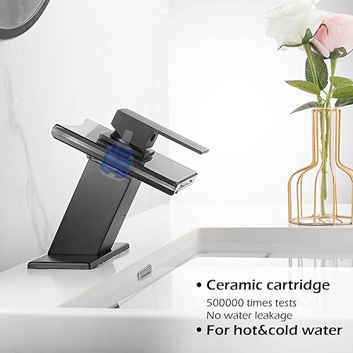 Miniatura 6 de Grifo negro para baño, caño de vidrio LED con cascada con tapón de drenaje de desbordamiento, mango único, montaje en cubierta de un agujero, diseño