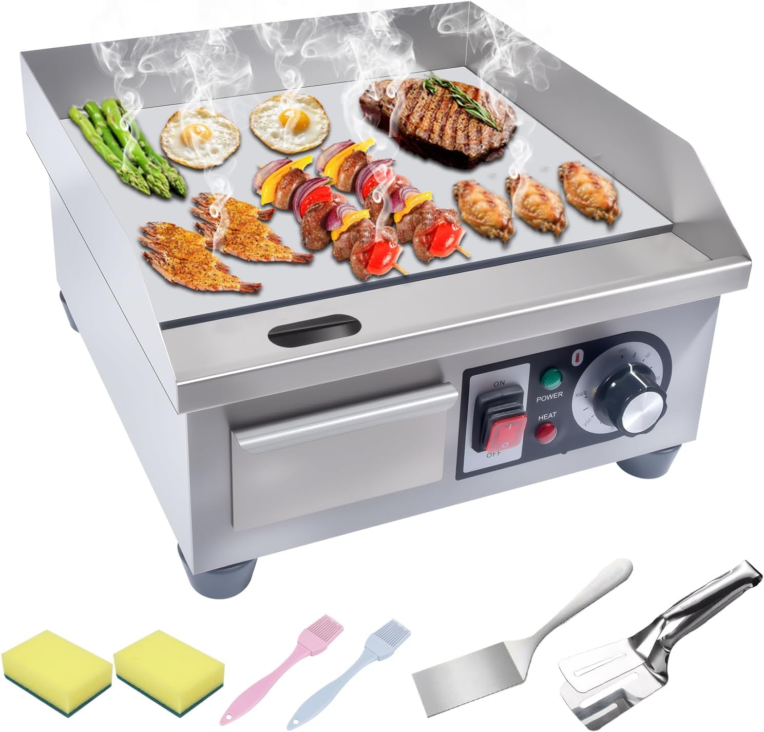 Commercial Electric Griddle, 1500W Countertop Flat Top Grill, 14.2in Stainless Steel Griddle Grill with 2 Shovels and 2 Brushes for Home or Restaurant, 122℉-572 ℉ Adjustable Temp