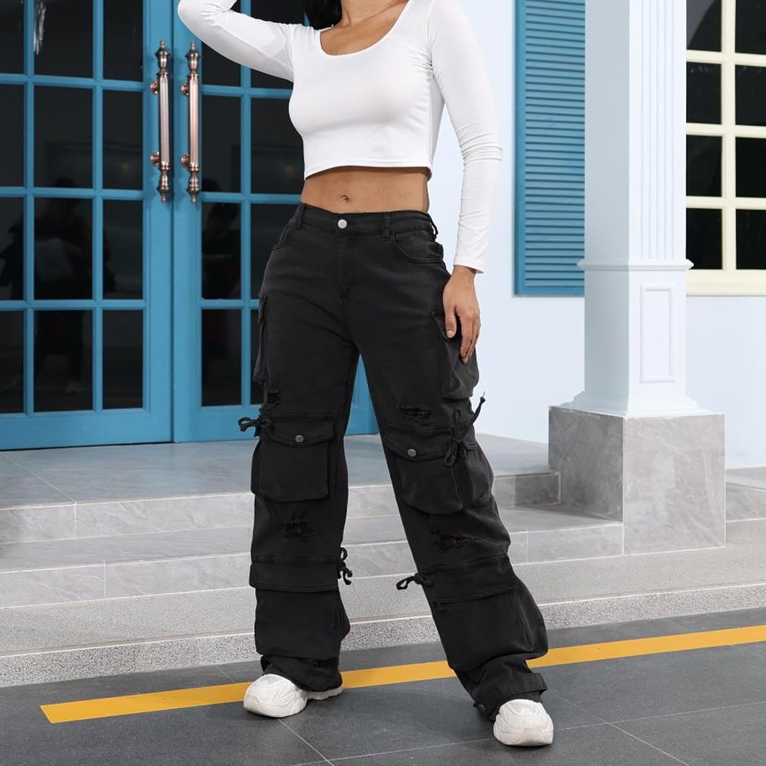 ThusFar Women's High Waist Baggy Jeans Flap Pocket Cargo Pants Loose Denim Pants Streetwear - Image 2