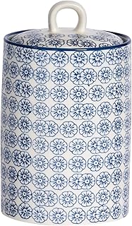 Patterned Kitchen Canister - 1 Litre - Navy Porcelain Hand Printed Kitchen Storage Jar Airtight Biscuit Barrel for Biscuits, Oats, Tea, Coffee