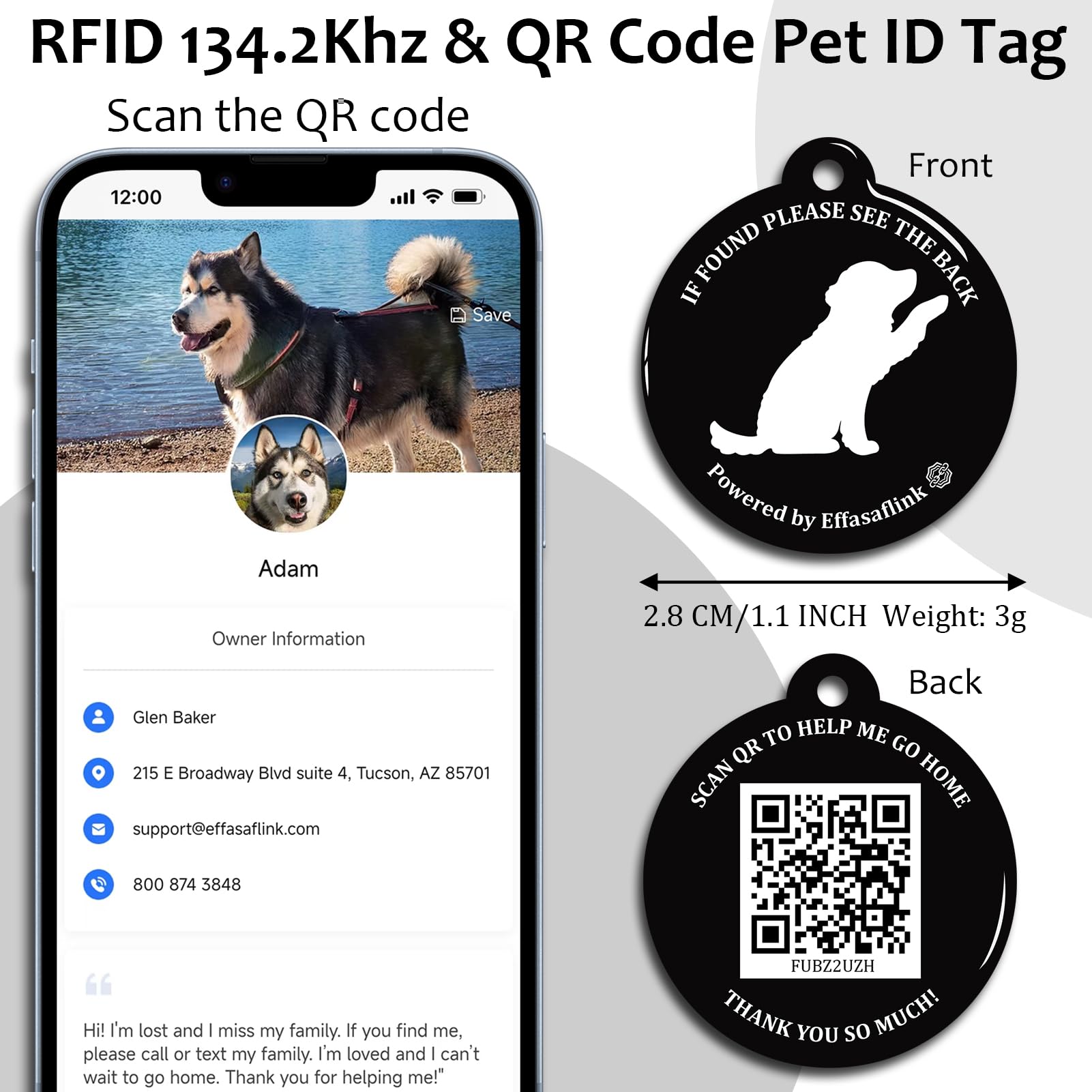 RFID 134,2 kHz i etykieta z kodem QR, mikrochip RFID (czarny pies)