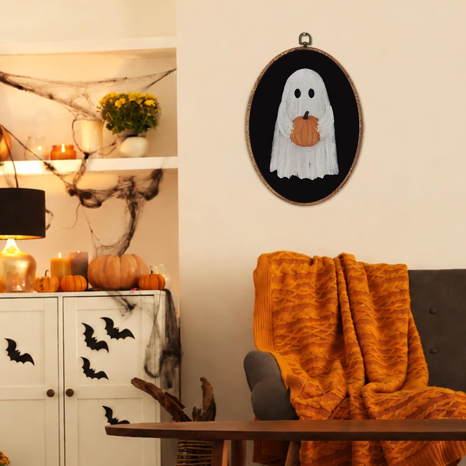 fZSZSD Cute Ghost Fall Pumpkin Halloween Oval Wall Art Decor, Dark Academia Oval Framed Canvas Art Prints, Whimsical Ghost Pumpkin Wall Hanging Decor for Home Bedroom Kitchen Kids Room, 8.5x11.5 Inch image 5