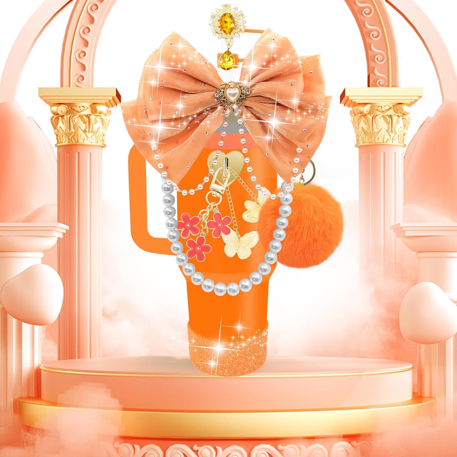 LBU Bling Stanley Cup Accessories for 40/30/20 oz Tumbler with Handle Including Orange Glitter Bow Straw Topper, Heart Straw Cover, Pearl Water Bottle Handle Strap, Boot, Pom-Pom, Keychain Charms - Image 7