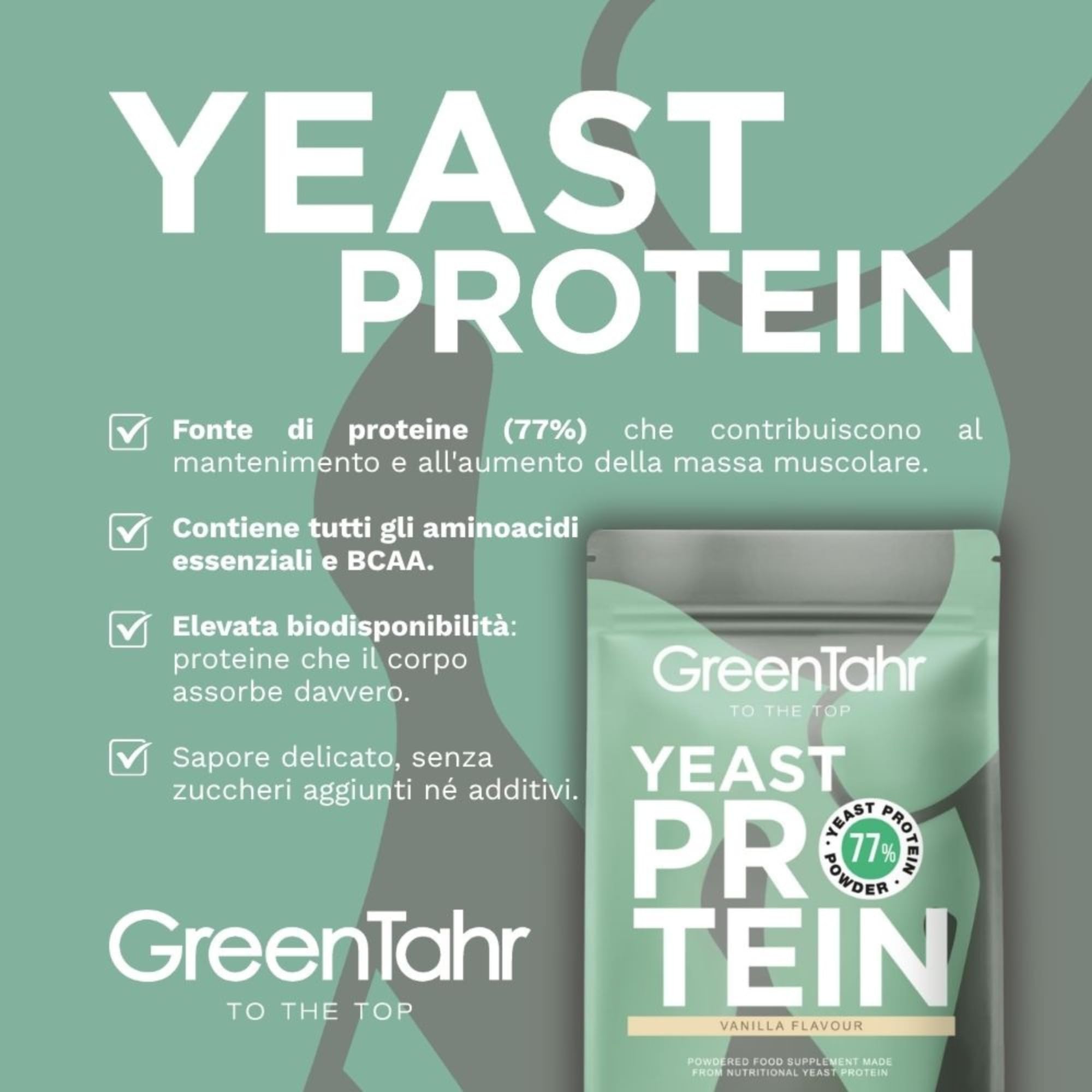 Green Tahr Proteine Vegane in Polvere di Lievito Nutrizionale Inattivo con Aroma di Vaniglia 750g. 77% Proteine per Aumento Massa Muscolare, Origine Non Animale, Senza Zucchero Aggiunto né Glutine