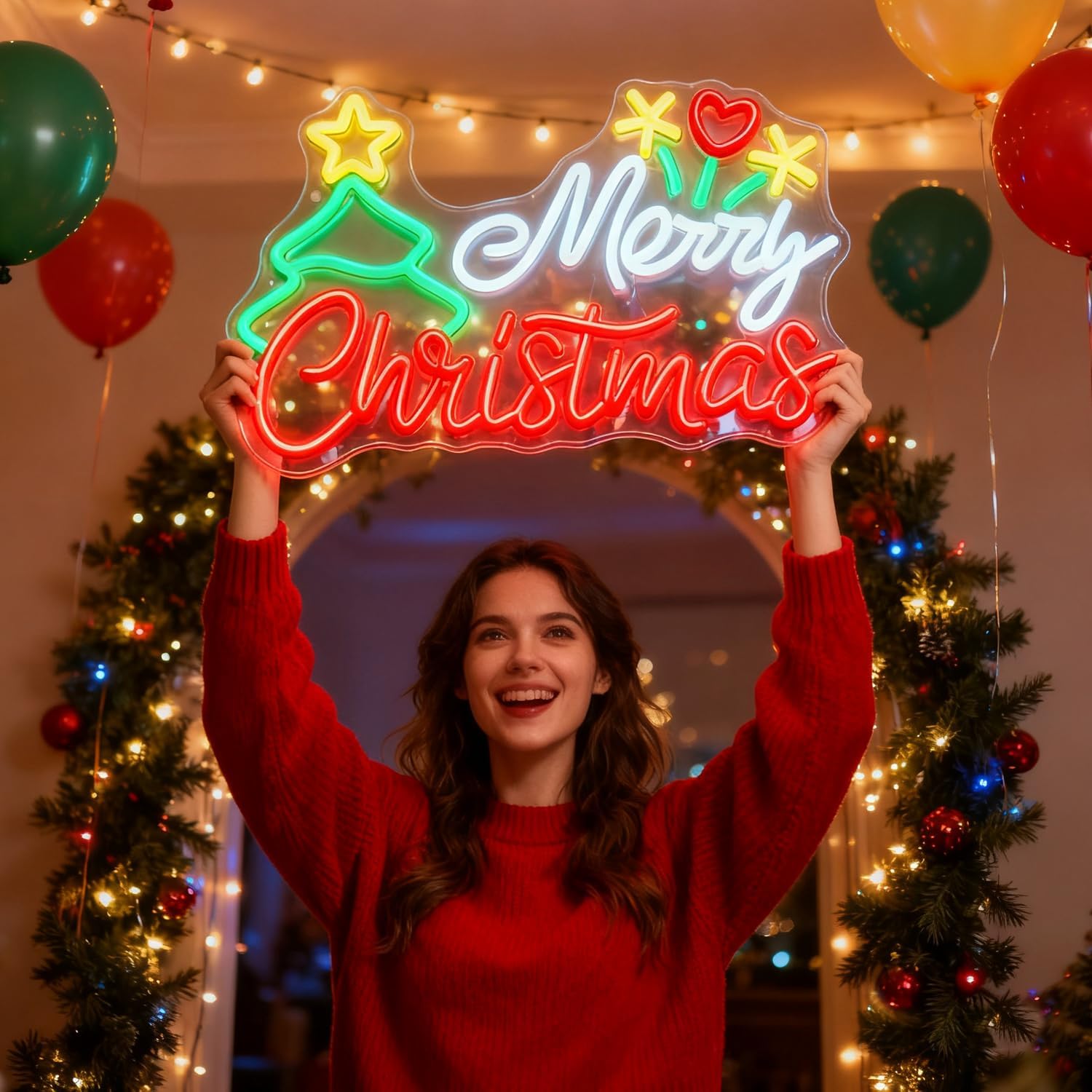 Modern Merry Christmas Neon Sign with Tree & Santa Hat, LED Light Sign for Wall Decor, USB Powered Dimmable Indoor Christmas Window Lights for Home, Bedroom,Party, Bar, Xmas Decorations Gift