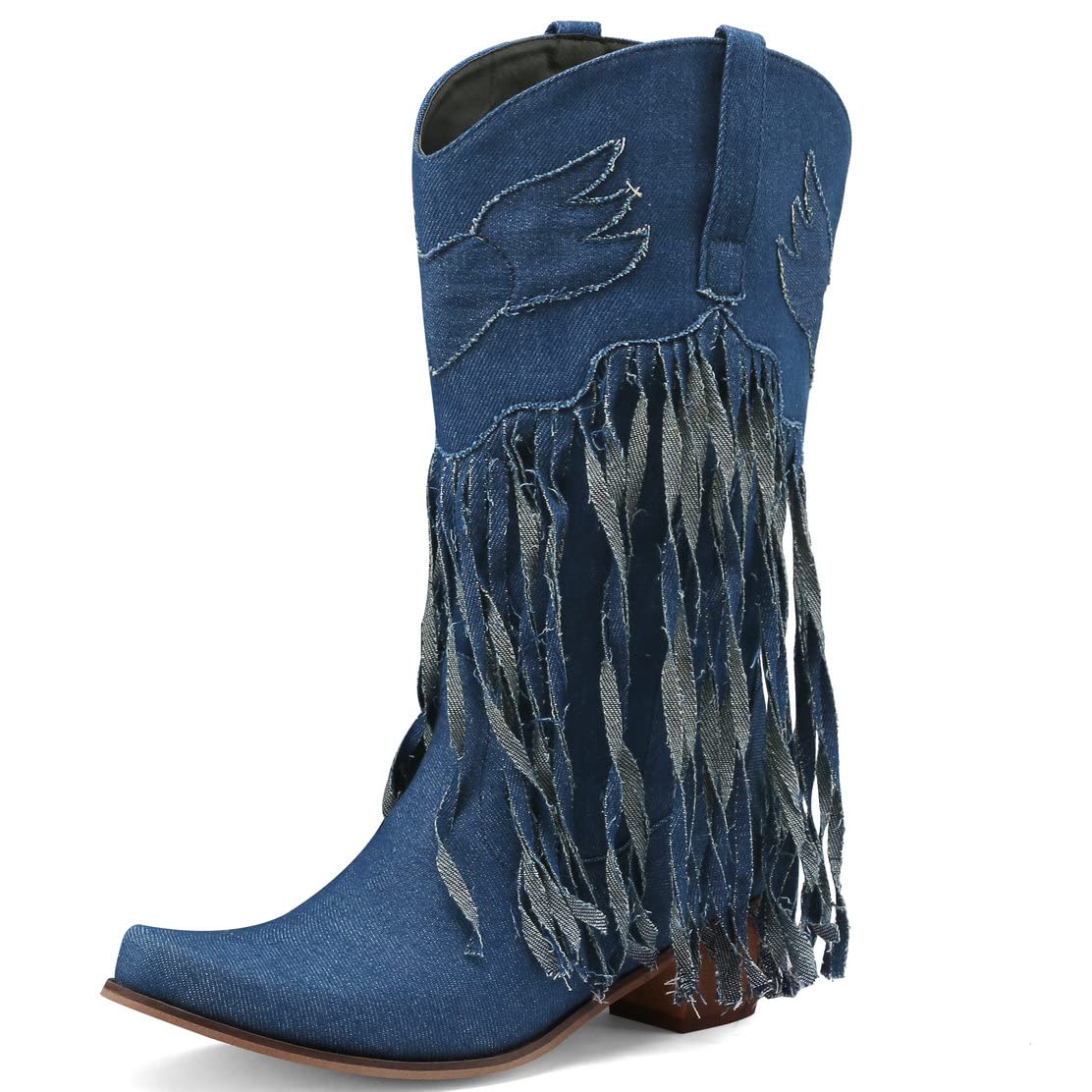 KISSASA Fringe Denim Cowgirl Boots Pointed Toe Mid Claf Cowboy Boots Chunky Stacked Heel Western Boots