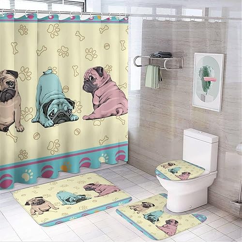 Juego de 4 cortinas de ducha con diseño de pata de perro carlino, diseño de dibujos animados, cachorros, mascotas, bulldog, teñido anudado, cortina