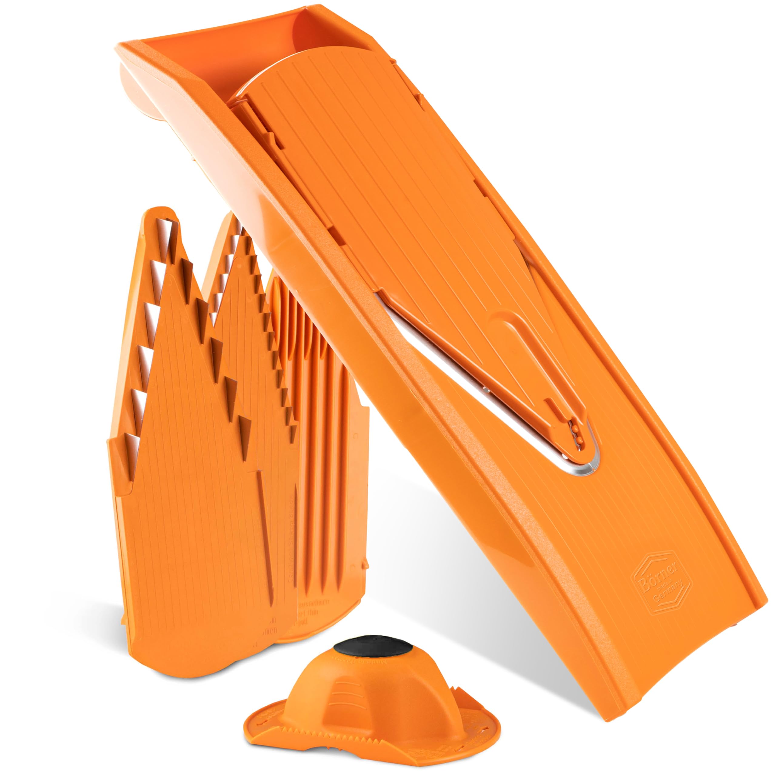 Börner Mandoline V1 ClassicLine (Starter Set) • Mandoline Réglable pour Légumes & Fruits • Avec 4 Inserts, Porte-fruits • Coupe-légumes pour tranches, lamelles & dés • Orange