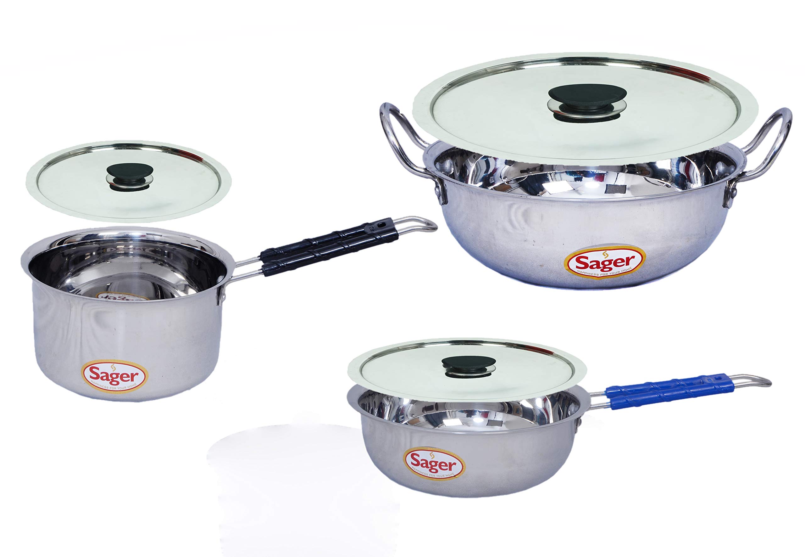 SAGER Platinum Collection Heavy Gauge Stainless Steel Induction Friendly 3pcs Cookware Set (2L Tea Pan/Saucepan, 2L Fry Pan, 2.5L Kadai) With Lids, Silver