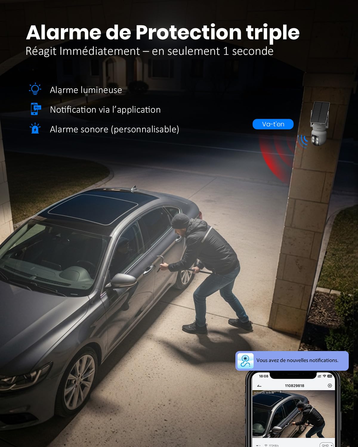 2.5K 4MP Camera Surveillance WiFi Exterieure sans Fil, 360° PTZ Camera Exterieur Solaire Batterie avec Panneau Solaire Amovible, 2.4/5G WiFi, Vision Nocturne Couleur, Audio Bidirectionnel