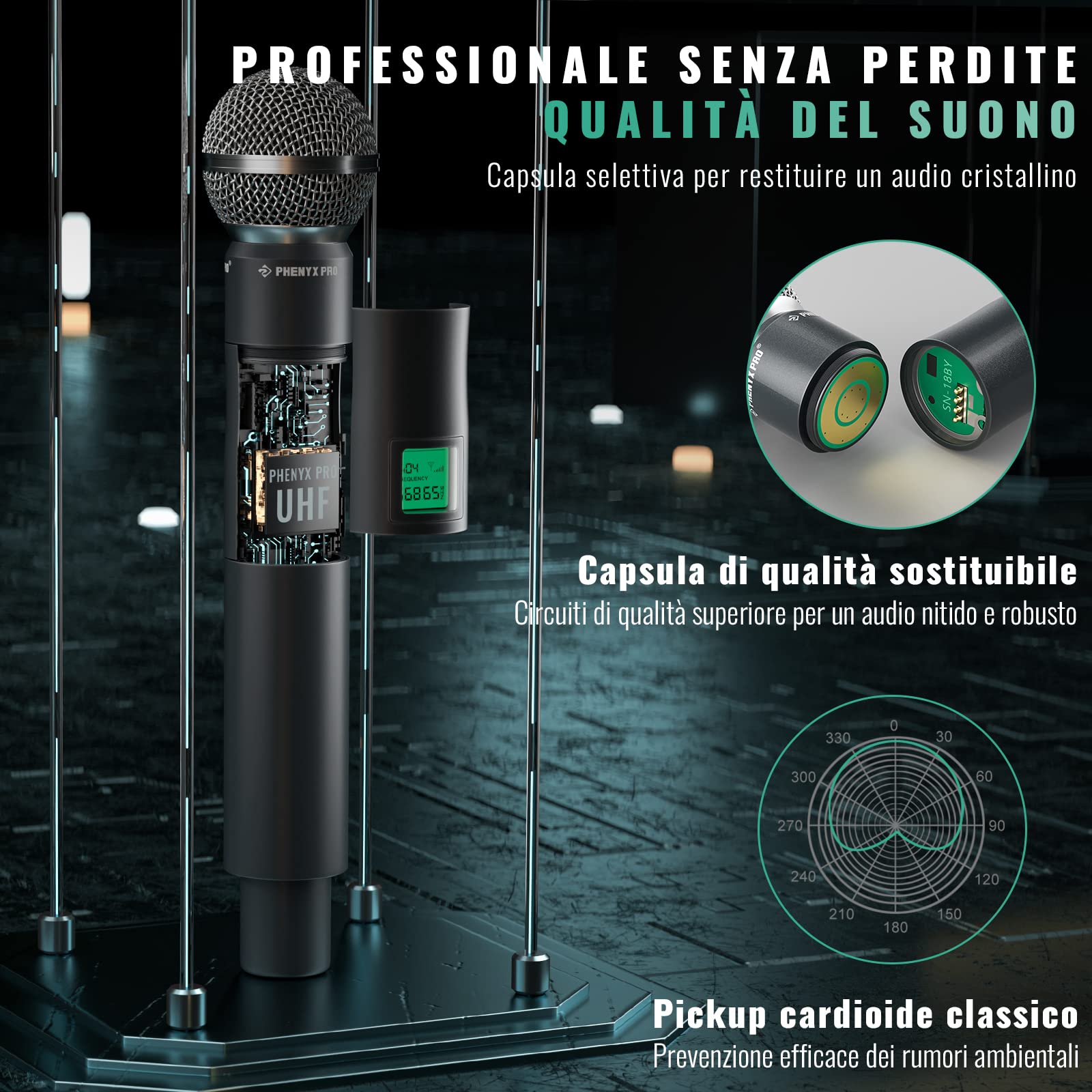 Phenyx Pro Sistema Microfono Wireless UHF PTU-4000-8H | 8 microfoni palmari in metallo, Capsule dinamiche, Portata 80 m, Karaoke, Cerimonie religiose, Canto, Set DJ