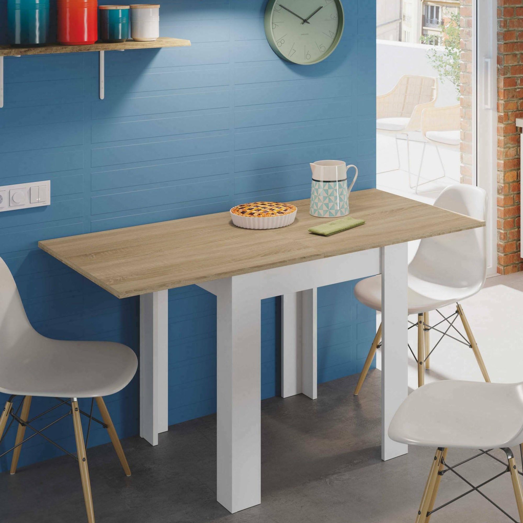 Dmora - Tavolo allungabile Newark, Ripiano da pranzo pieghevole apertura a libro, Tavolo ausiliario richiudibile, 67x67/135h79 cm, Bianco e Rovere