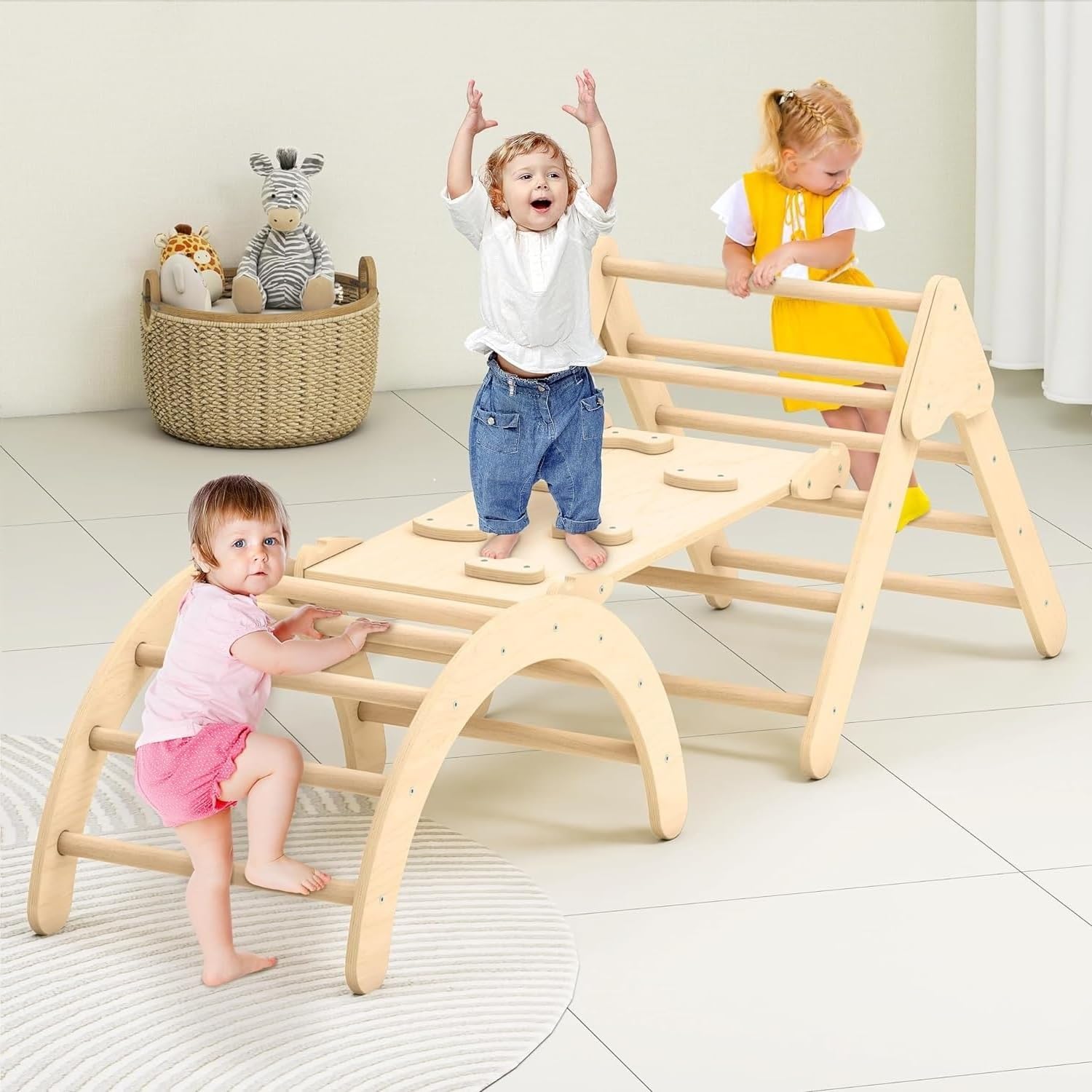 Zupemo Toddler Climbing Toys, Montessori Climbing Toys for Toddlers Inside, Foldable Climbing Set with Arch Ramp, Triangle Climber, Rock Climber, Slide, Rocker, Wooden Toddler Climbing Gym Indoor