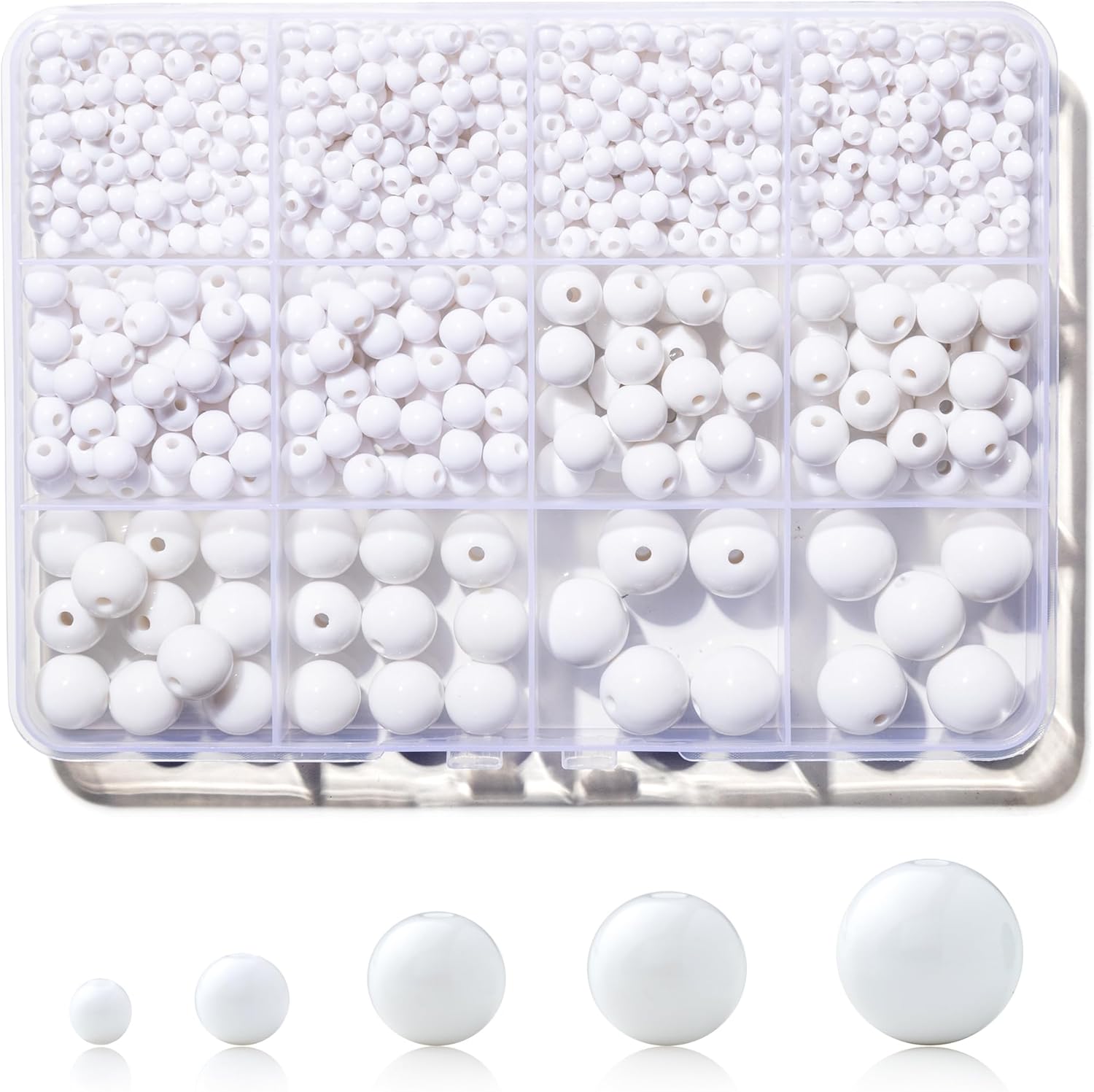 1200Pcs White Beads, Acrylic Pony Beads, 4/6/8/10/12mm Round White Bead for Bracelets, Spacer Pearl Beades, Craft Bead for Bracelet Necklace Jewelry Making