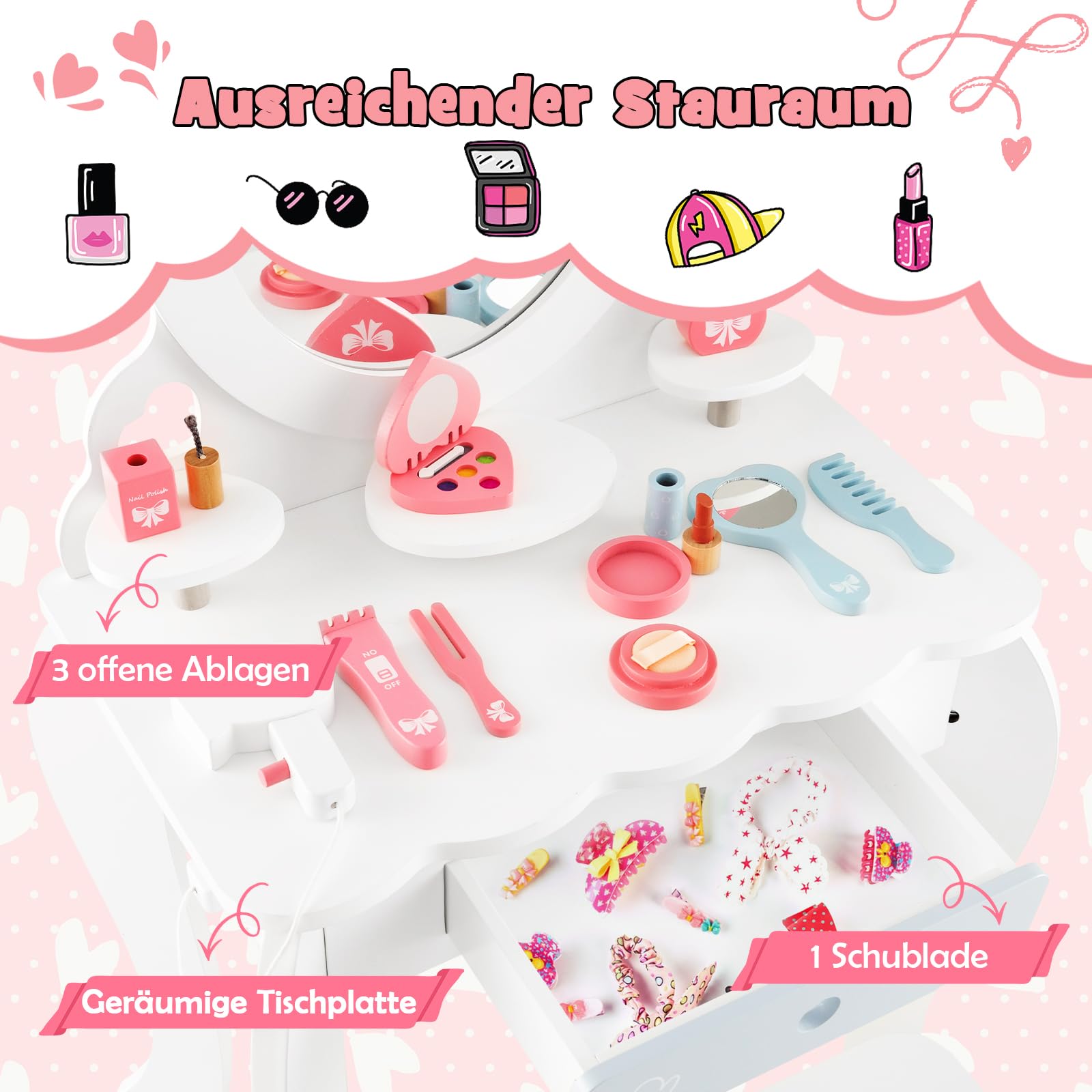 DREAMADE 2 in 1 Kinder Schminktisch mit 10 TLG. Spielzubehör und Hocker, Prinzessin Frisiertisch mit Schublade & 3 Ablagen, Kinderschminktisch aus Holz für Mädchen ab 3 Jahren, weiß