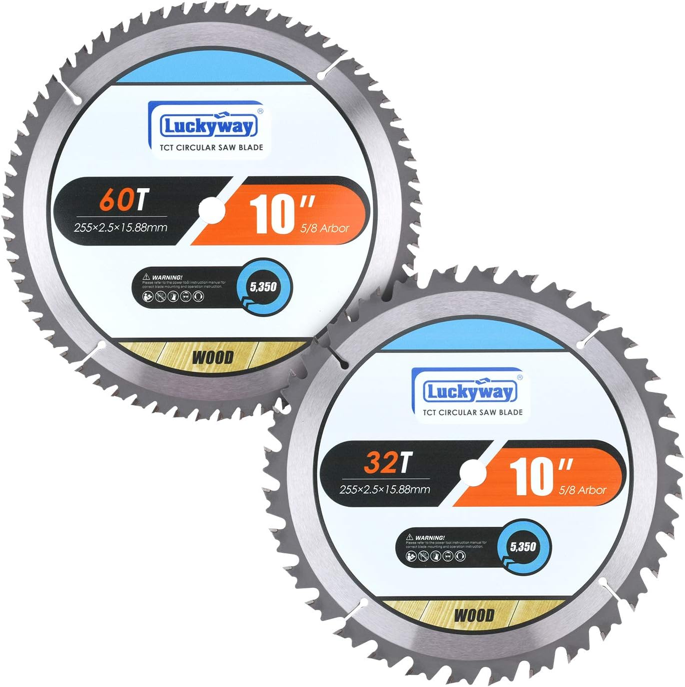 Luckyway 10 Inch Table Saw Blade/Miter Saw Blade for Ultra-Nice Wood Cutting in Construction, Two Pack of 60-Tooth & 32-Tooth