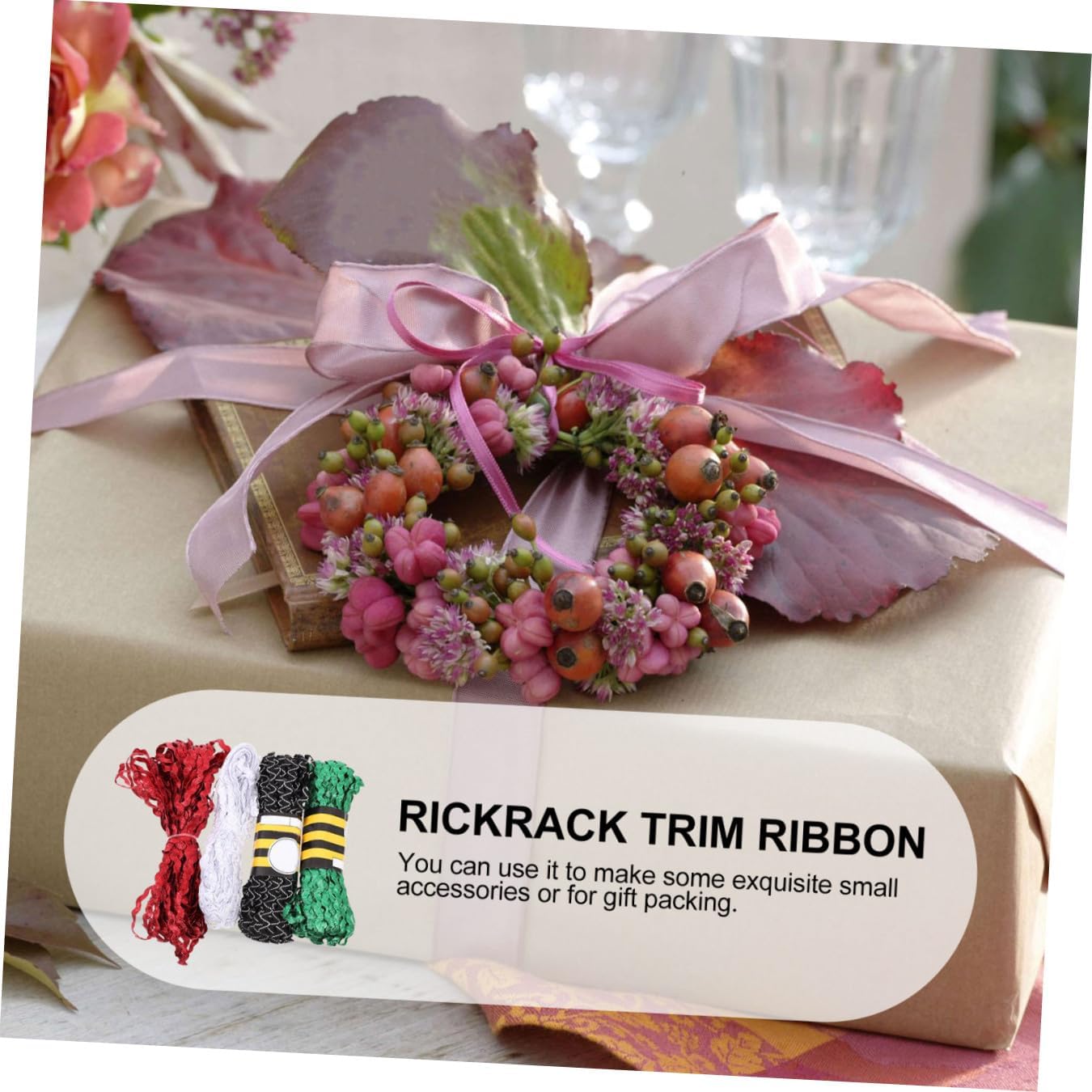4 Rolls 15-Yard DIY Rickrack Ribbon Trim Set, 5mm Wave Edge Woven Decorative Ribbon for Flower Making and Craft Wrapping, Red Green White Black-White Colors for Sewing and Home