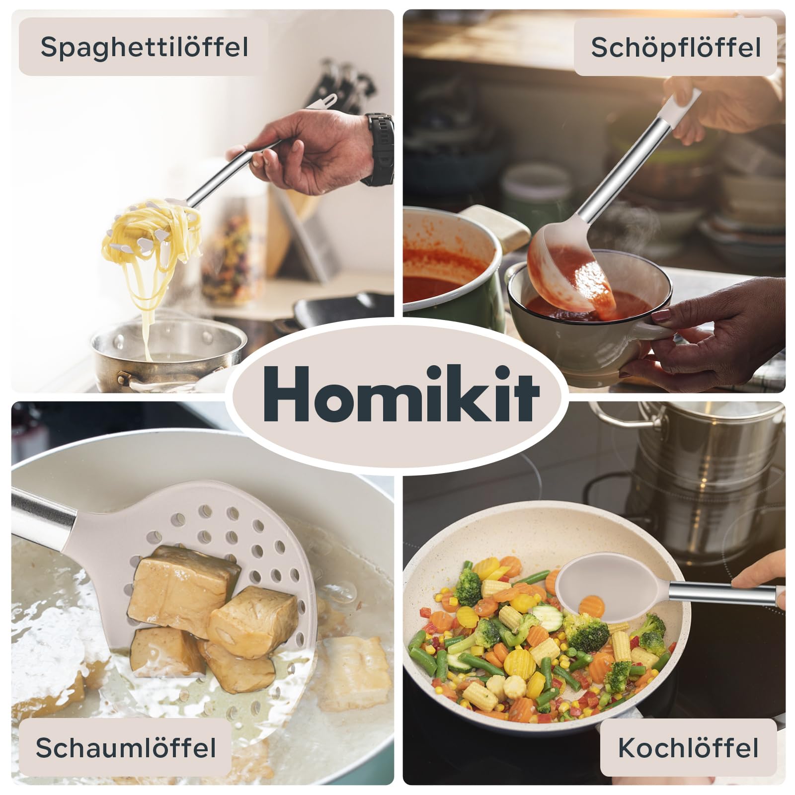 Homikit Zestaw 10 przyborów kuchennych, silikonowe, z uchwytem ze stali nierdzewnej, nieprzywierające, z uchwytem na przybory, khaki