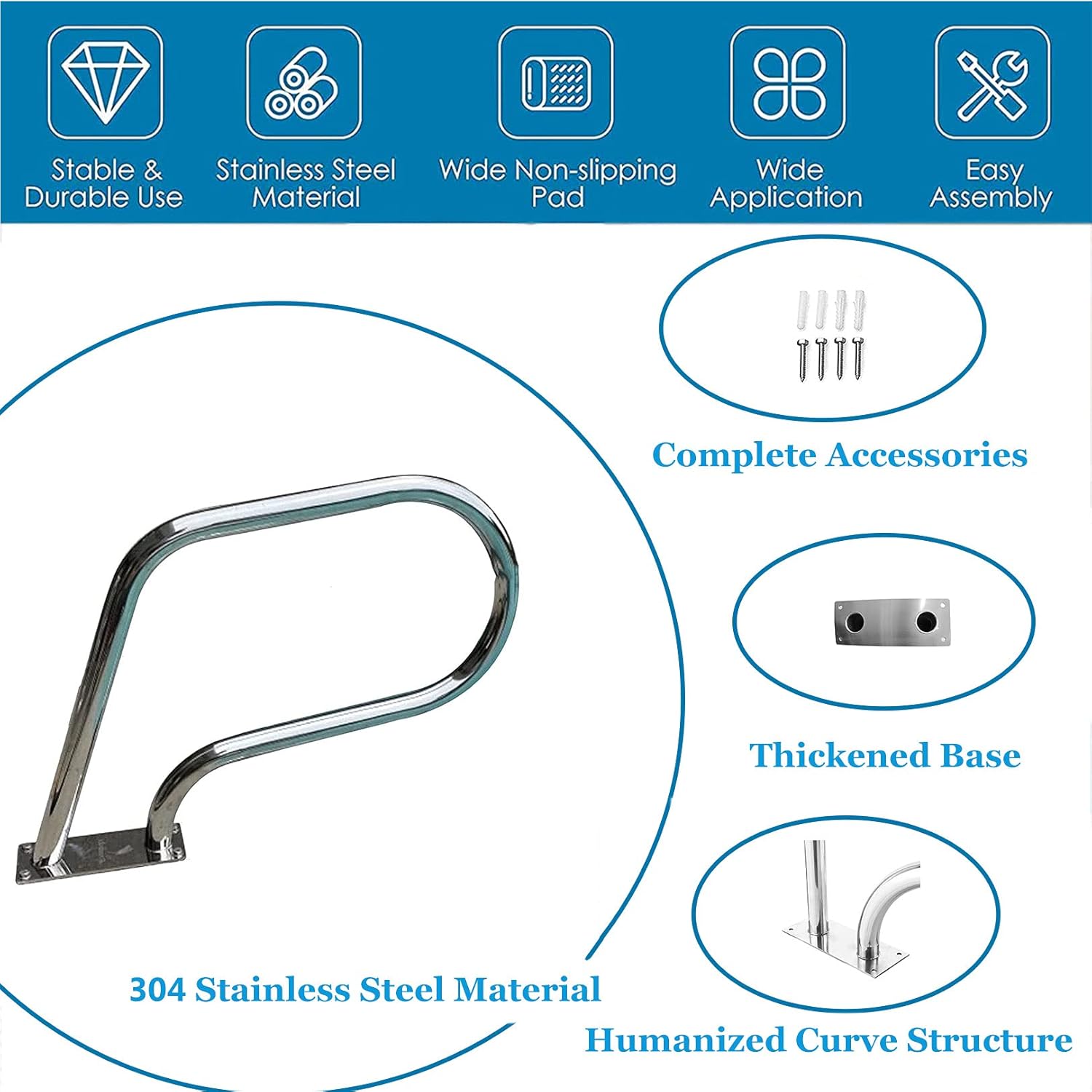 304 Stainless Steel Swimming Pool Handrail, Pool Safety Handrails w/Thickened Base, Pool Ramp Stair Handrail for Inground Pool Entry (1PCS)