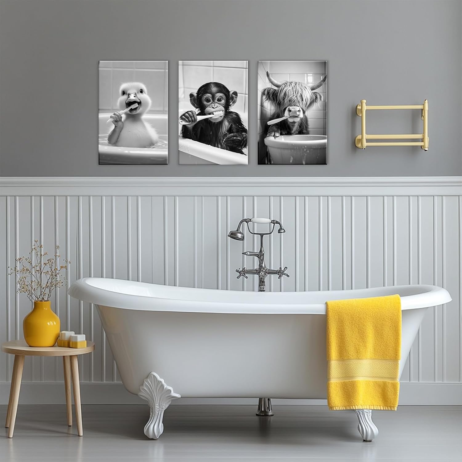 GLOKAKA Funny Bathroom Wall Decor 3 Panel Gray And White Duck Monkey Cow Poster Wall Art Animals Brush Their Teeth Painting Artwork Toilet Nursery Decor(Artwork-1,11"x14"x3pcs)