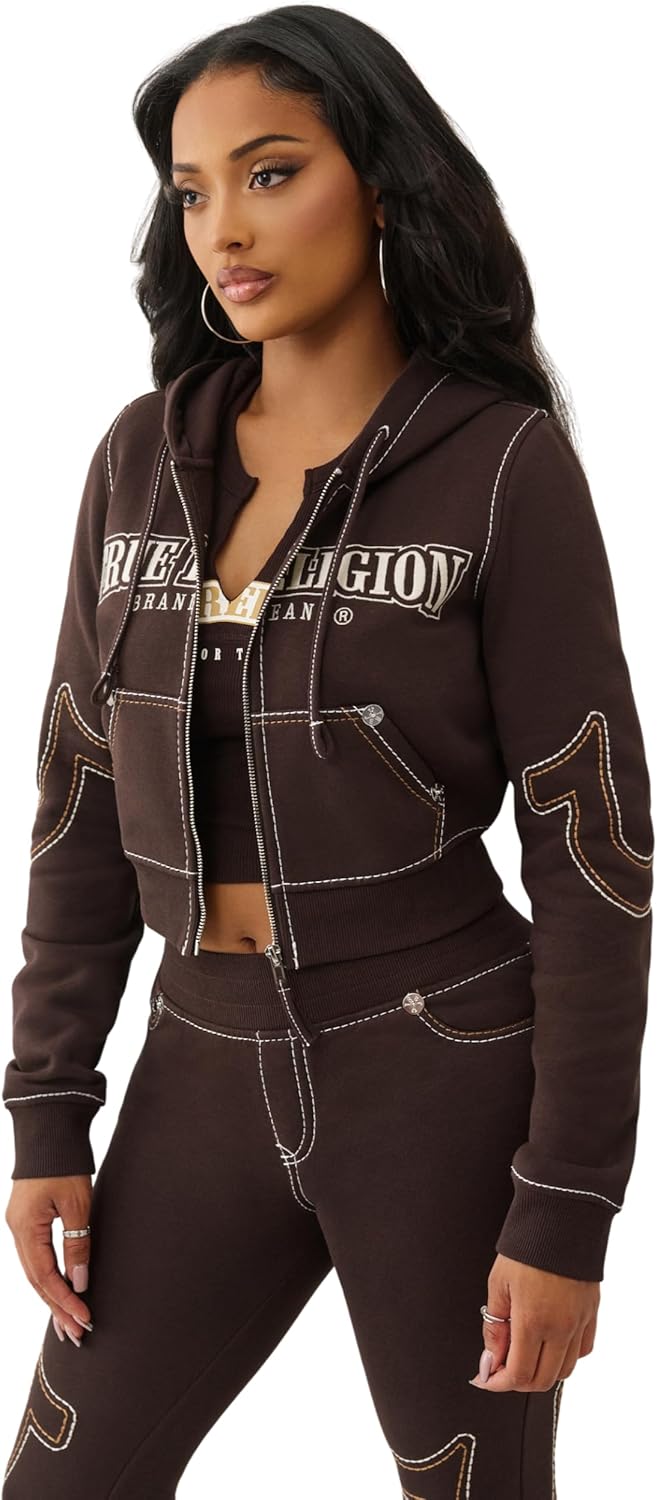 True Religion Women's Anniversary Big T Shrunken Hoodie – Cropped Pullover with Contrast Stitching - Image 5