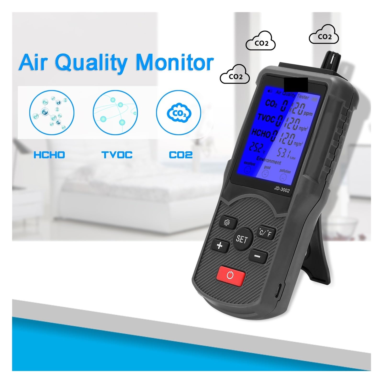 Tester multifunzionale a qualità 'aria Misuratore di CO2 TVOC Dispositivo misurazione 'umidità a temperatura Rilevatore gas for monitoraggio 'anidride carbonica,Alta Precisione