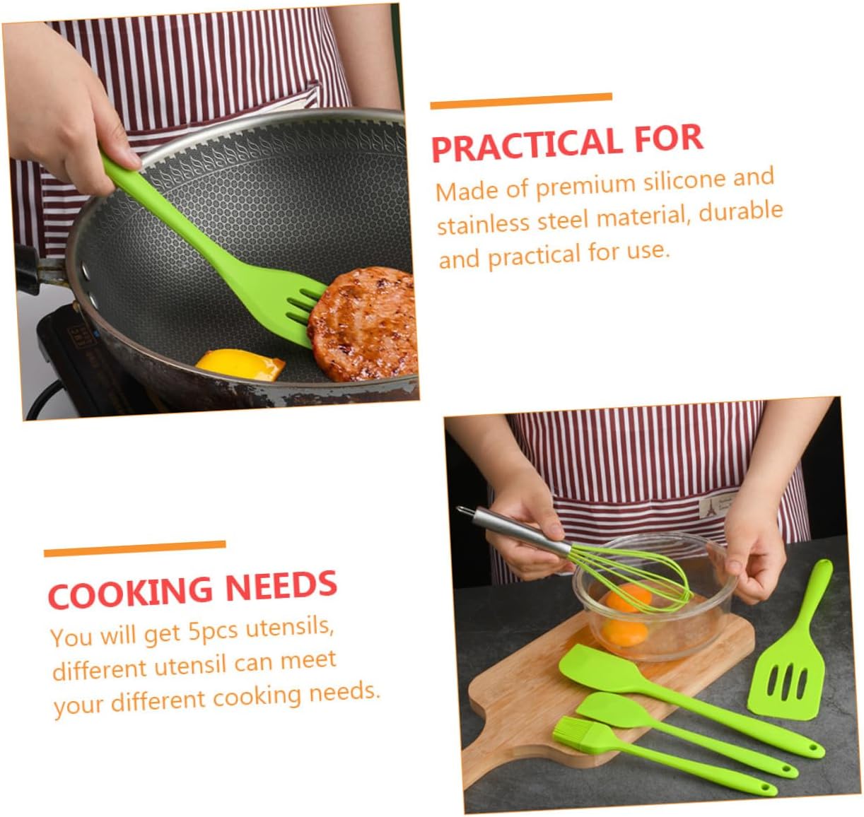 5pcs Silicone Baking Tool Set with Stainless Steel Handles Heat Resistant Kitchen Utensils Including Whisk Shovel Brush and Scrapers for Cooking and Baking Green