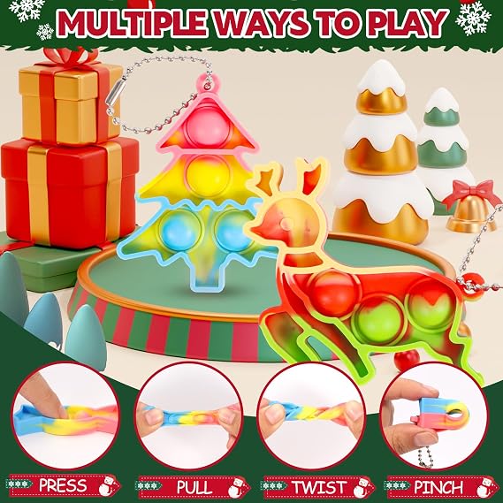 32 PCS Pop Keyring Christmas Stocking Fillers for Kids - Party Bag Fillers for Kids with 32 Christmas Cards - Poppet It Fidget Toys Pack - Eve Box Fillers - Party Favours